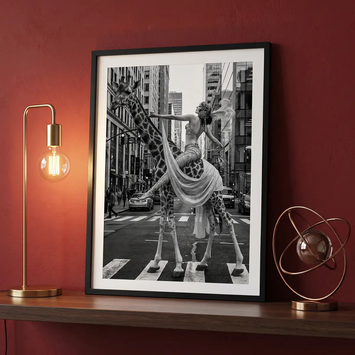 Woman Riding Giraffe in NYC Poster | Black and White Print