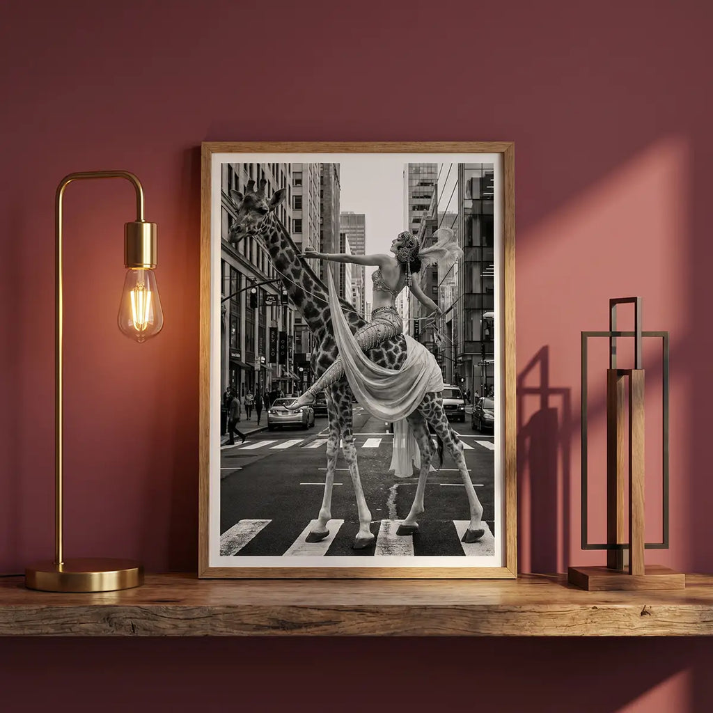 Woman Riding Giraffe in NYC Poster | Black and White Print