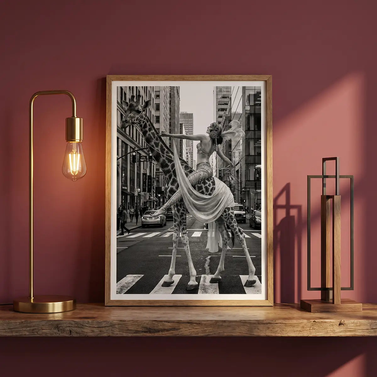 Woman Riding Giraffe in NYC Poster | Black and White Print