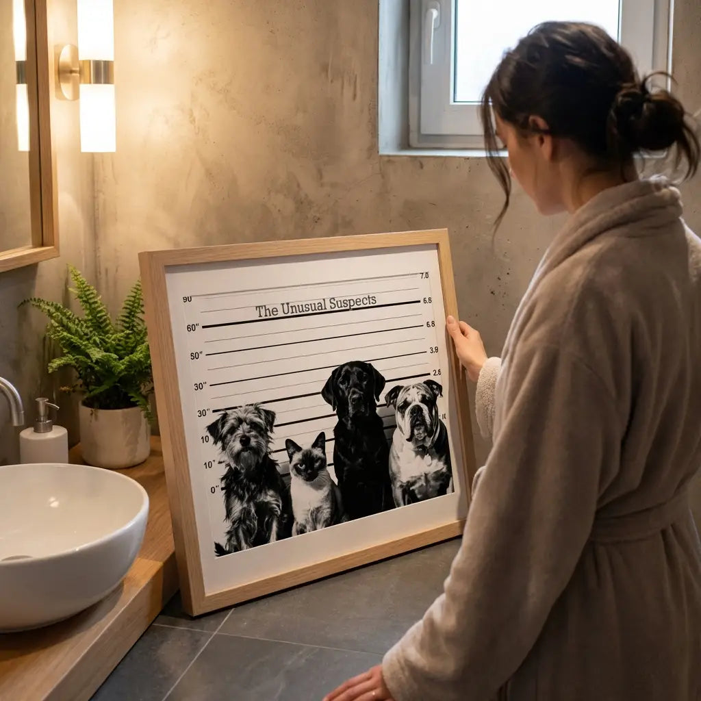 Unusual Suspects Dog & Cat Lineup Art | Funny Black and White Poster