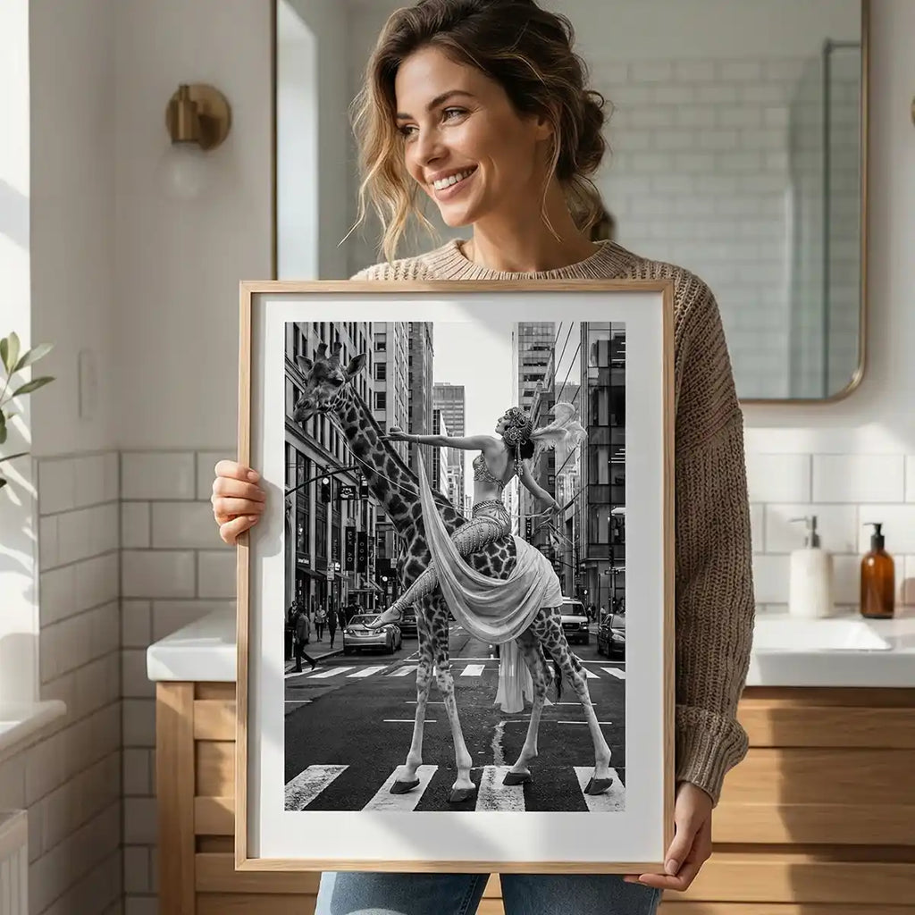 Woman Riding Giraffe in NYC Poster | Black and White Print