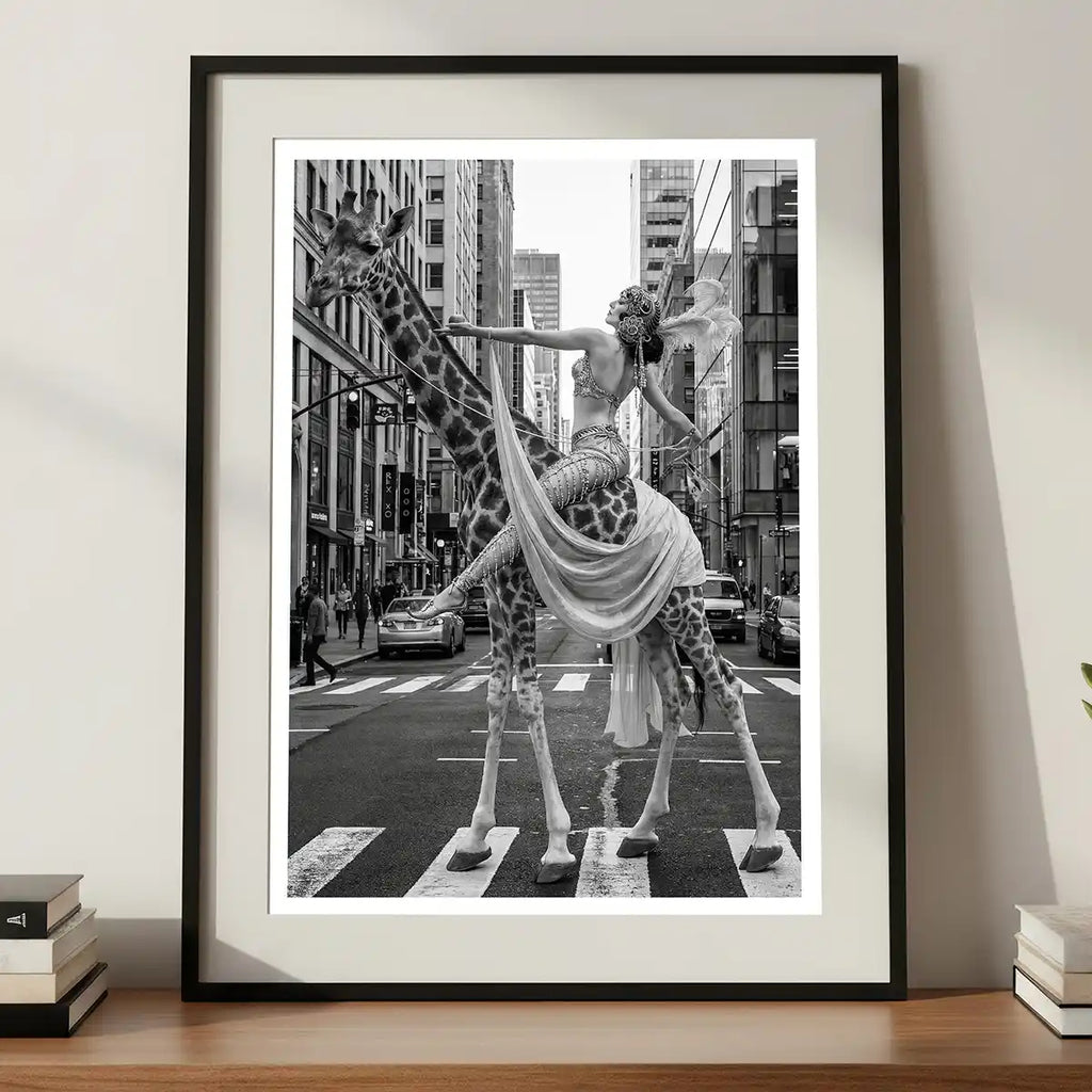 Woman Riding Giraffe in NYC Poster | Black and White Print