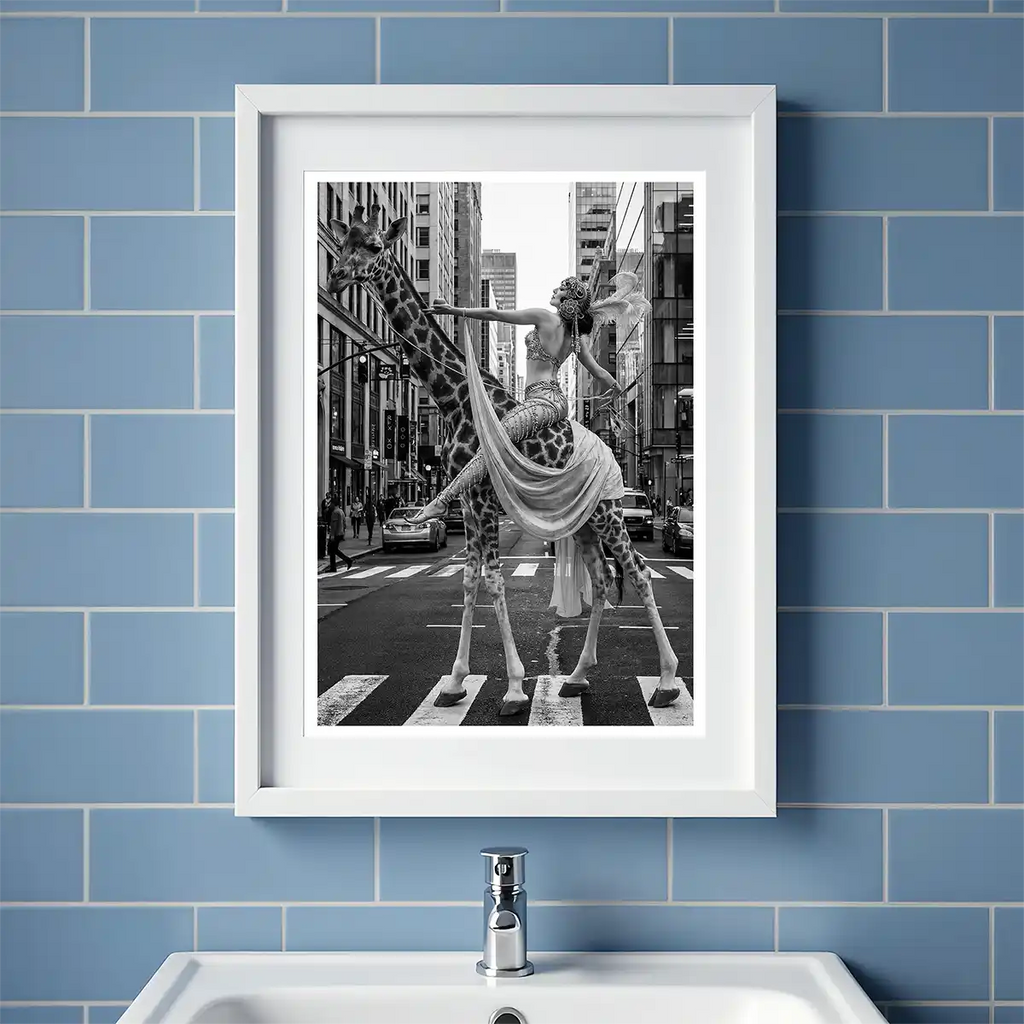 Woman Riding Giraffe in NYC Poster | Black and White Print