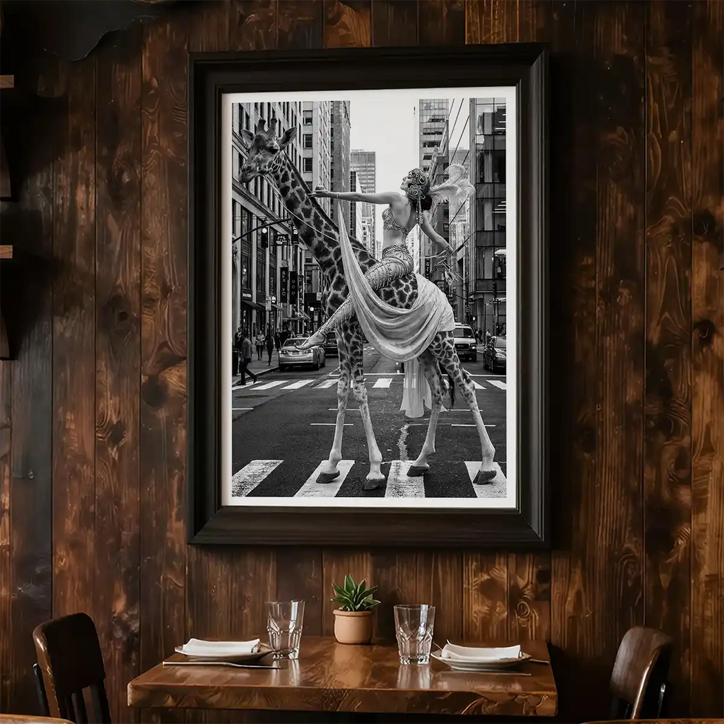Woman Riding Giraffe in NYC Poster | Black and White Print