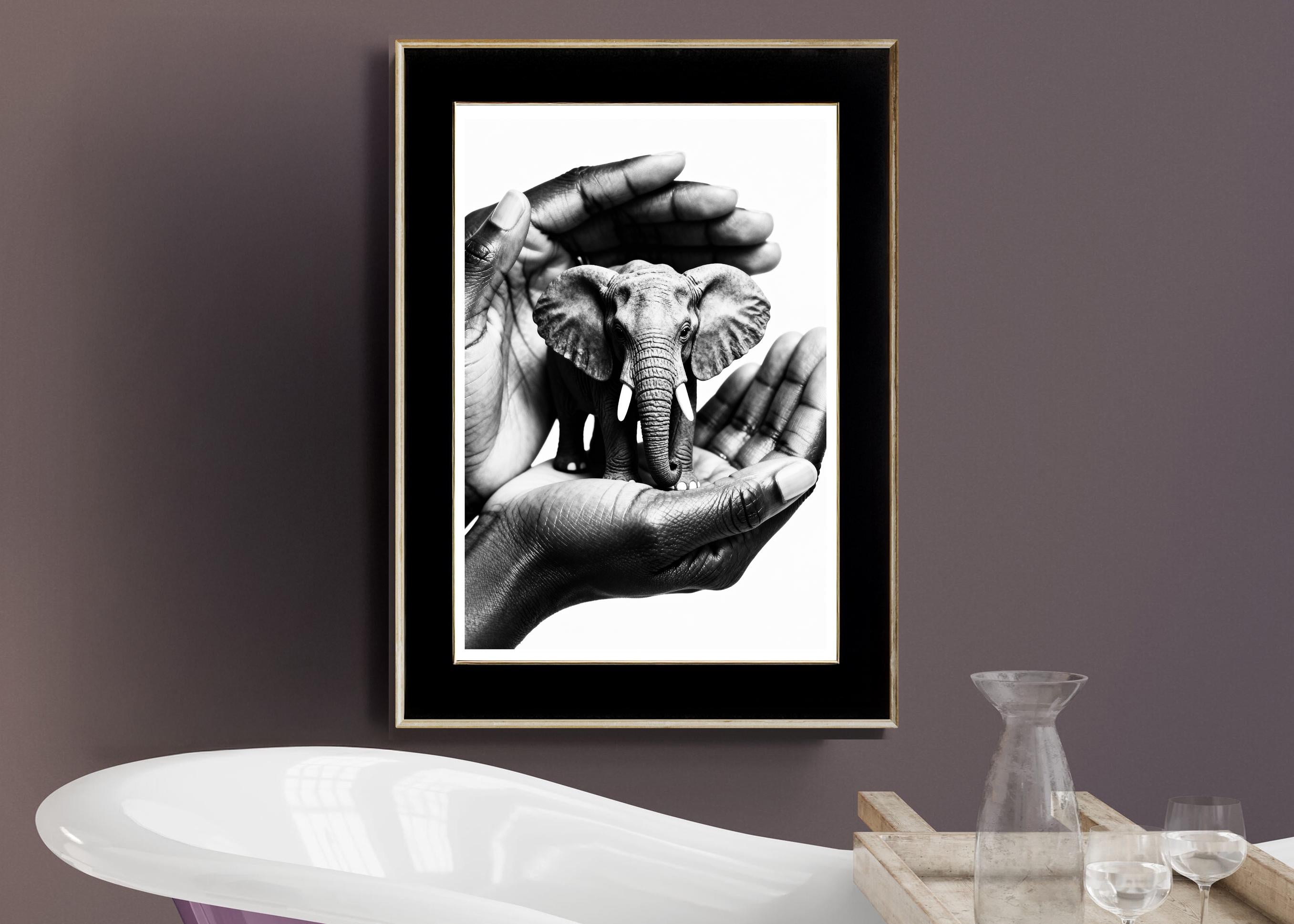 Hands Holding Elephant Art | Symbolic Gentle Power Print | Minimalist Meaningful Decor | Gift of Care