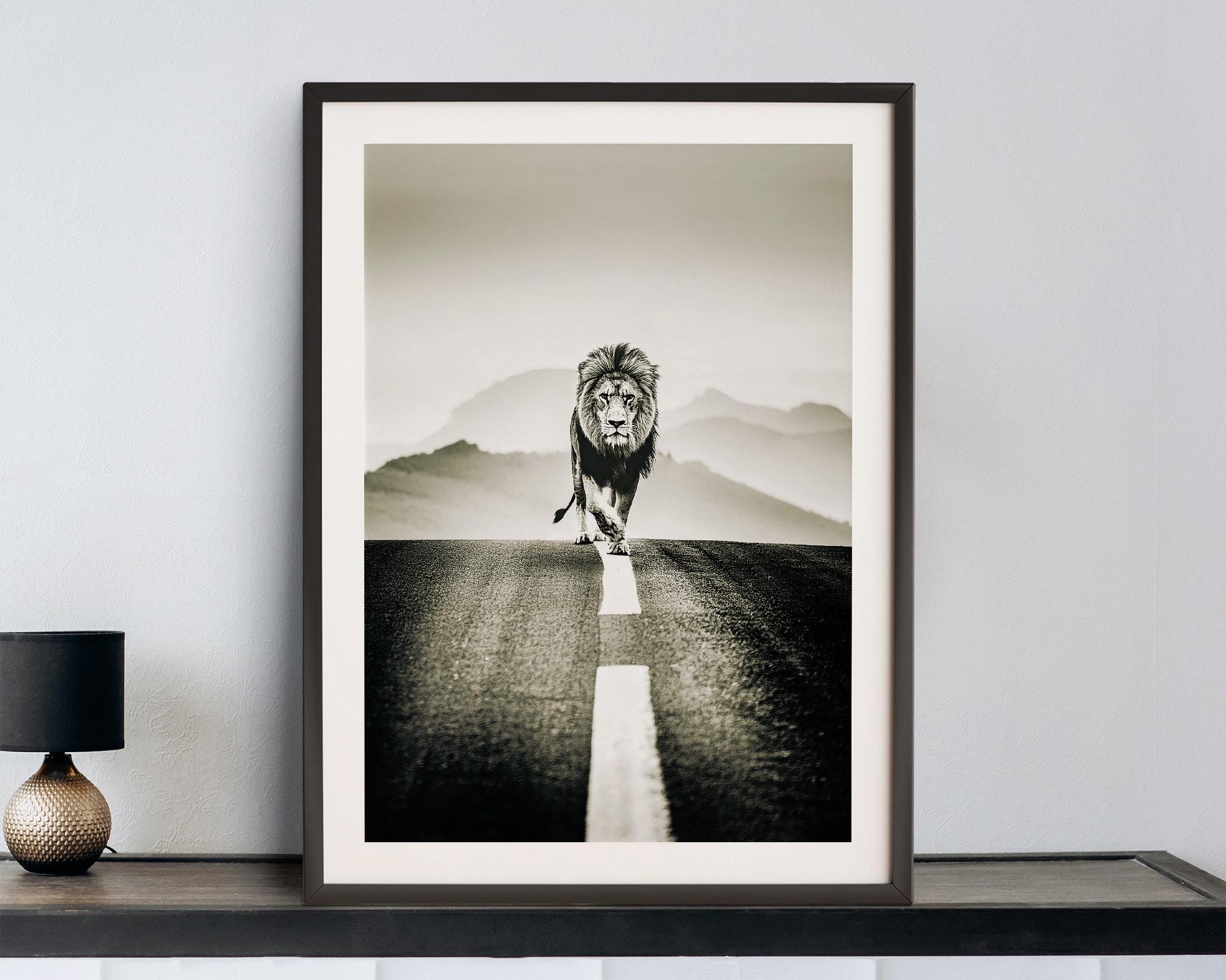 Lion on Open Road Art Print | Noir Style Animal Poster