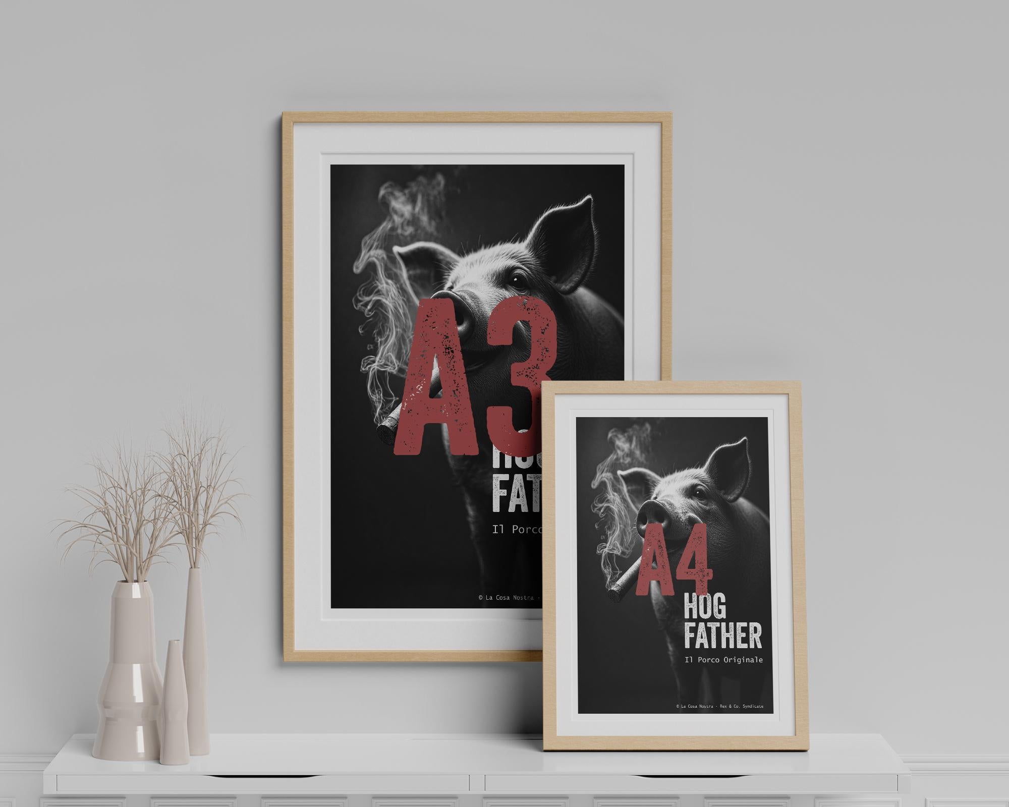 Two framed posters on a shelf with decorative vases against a gray wall.