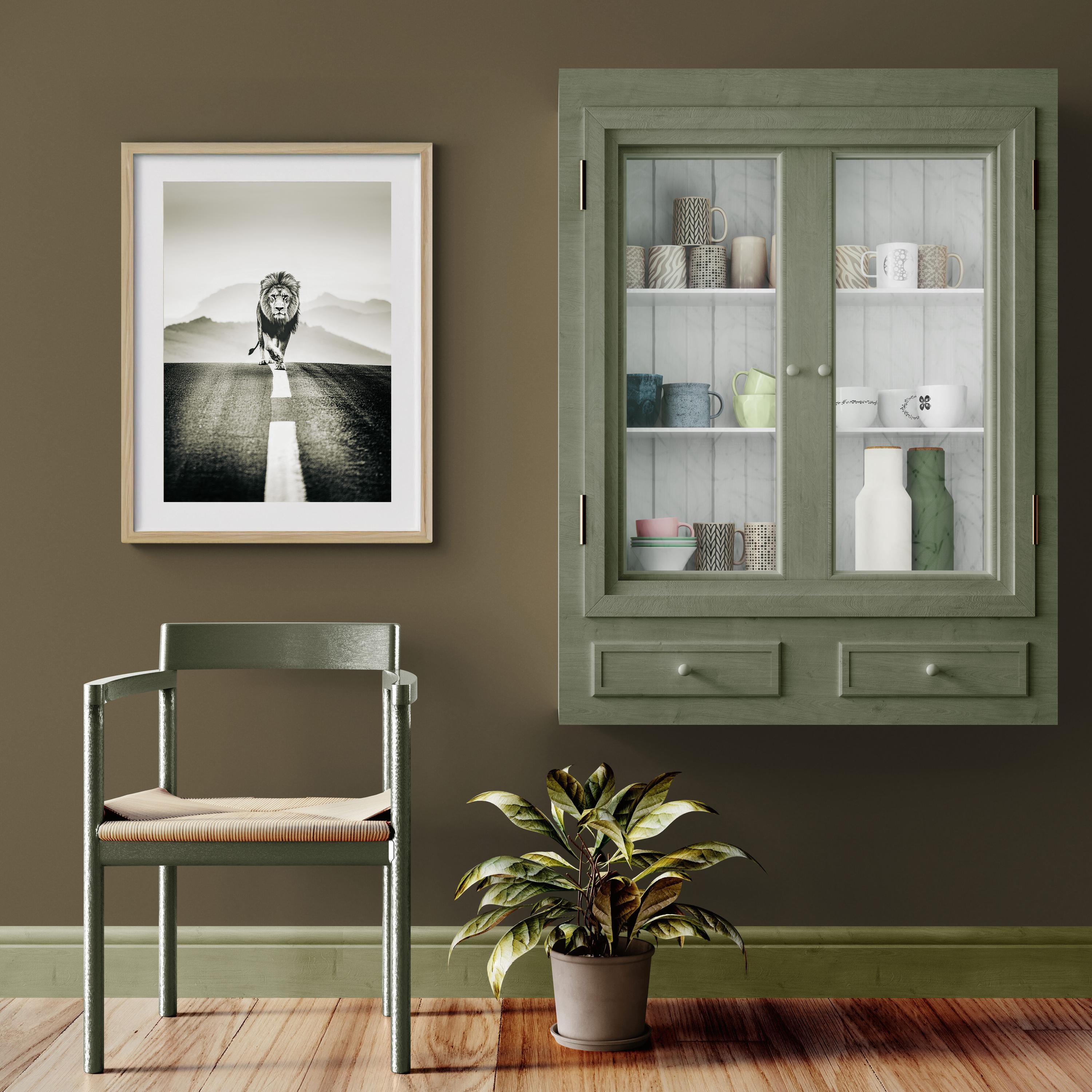 Lion on Open Road Art Print | Noir Style Animal Poster