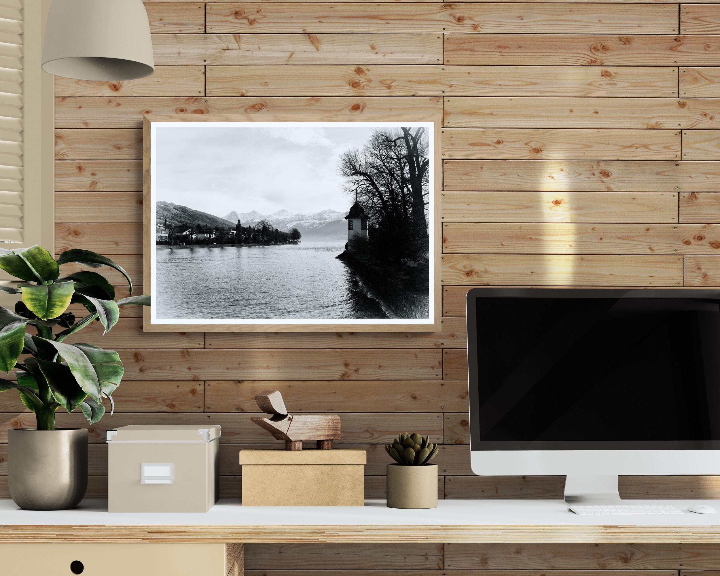 Mountain Photography | Lake Thun View of Eiger, Mönch and Jungfrau | Black & White Alpine Art Print