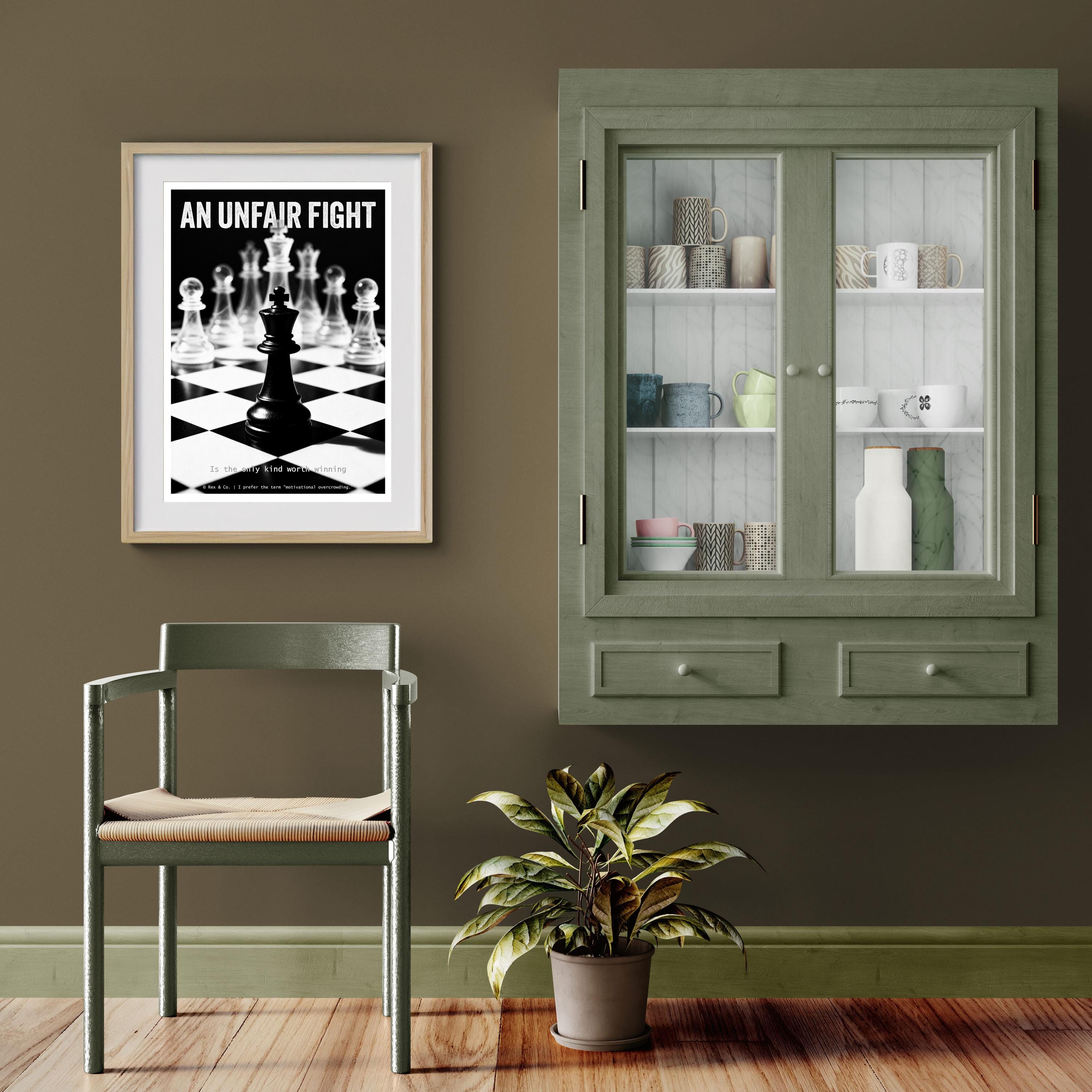 Room interior with a framed poster, chair, cabinet, and plant on a wooden floor.
