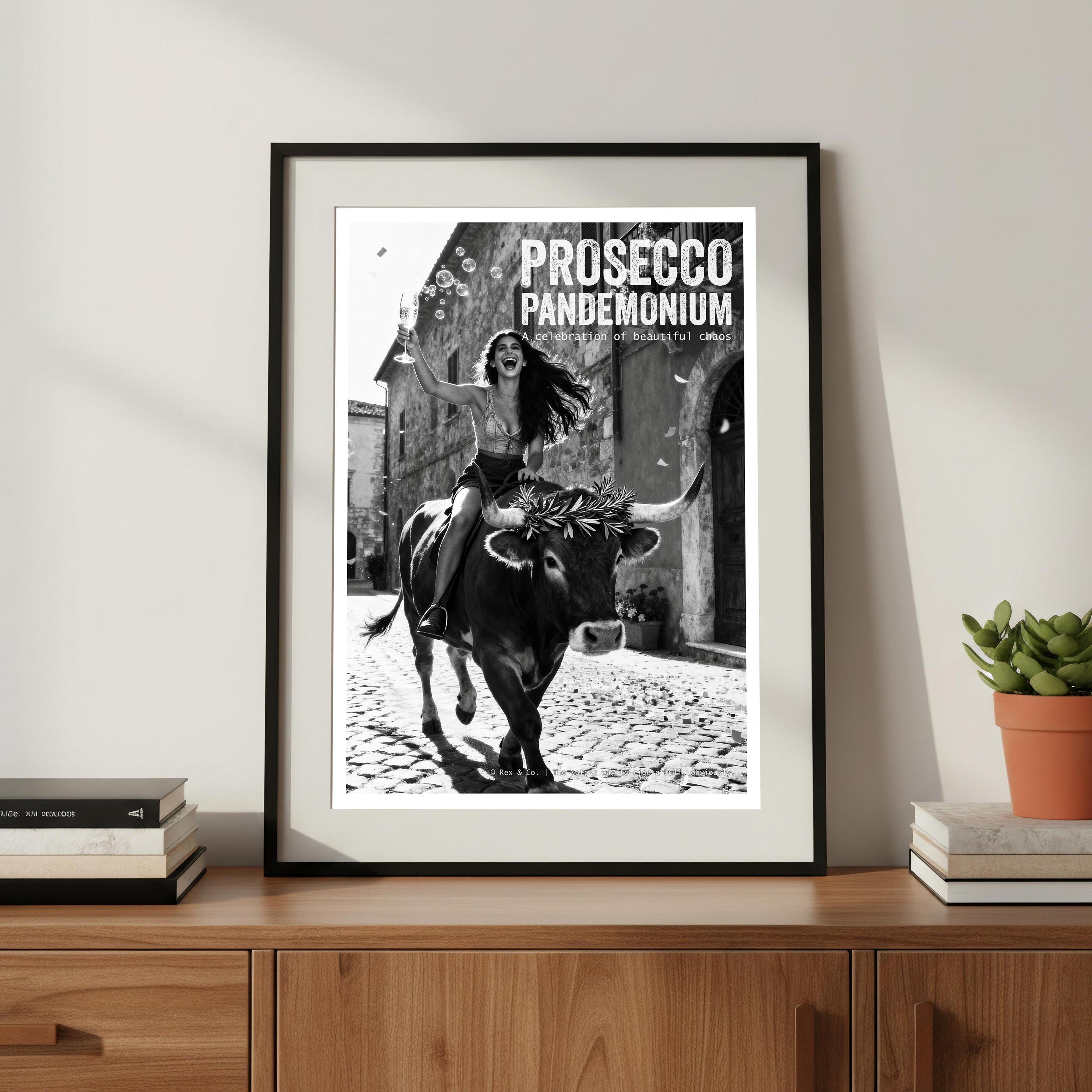 Framed poster of a woman riding a bull with 'Prosecco Pandemonium' text on a wooden shelf.