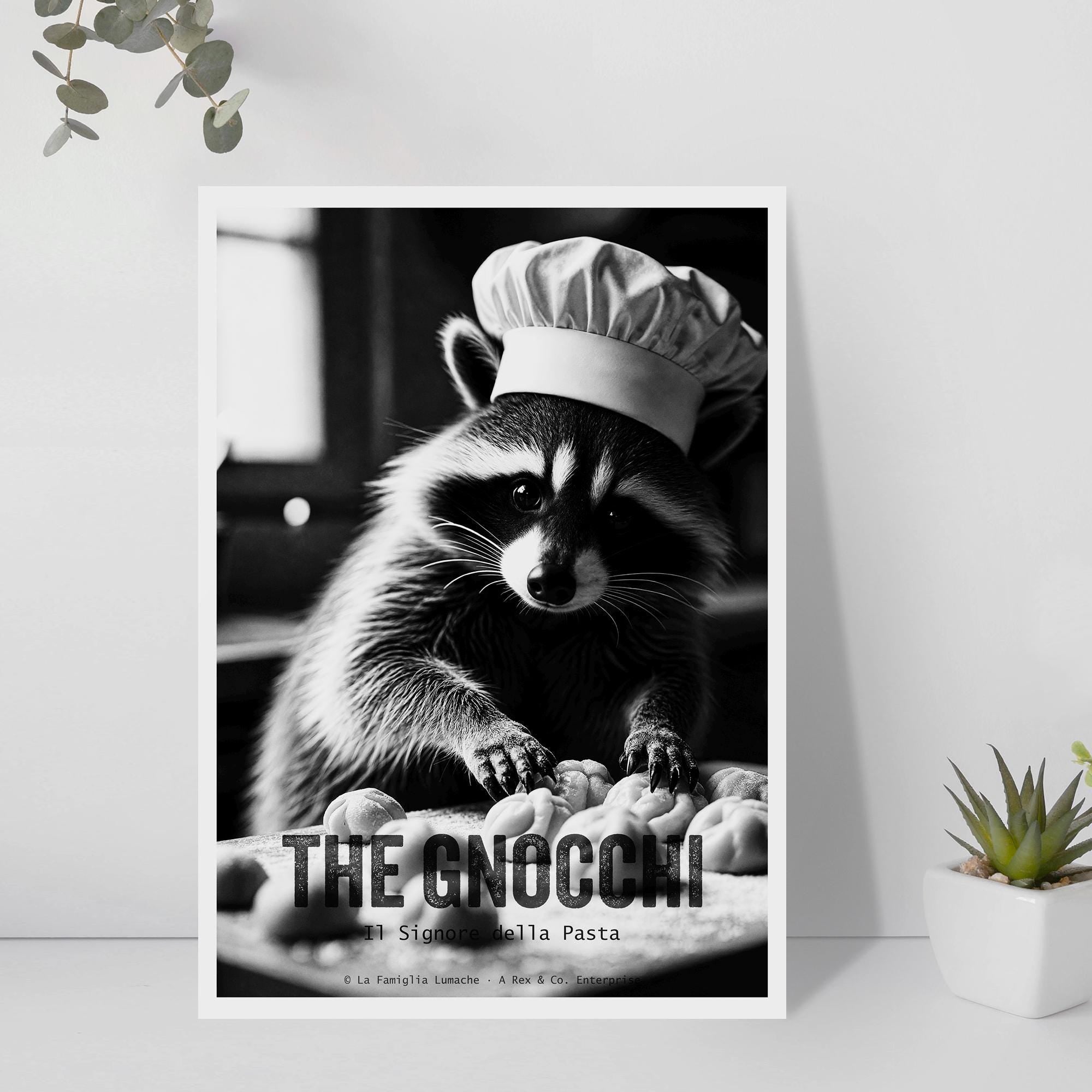 The Gnocchi Poster | Raccoon Making Pasta Art | Funny Italian Mafia Print