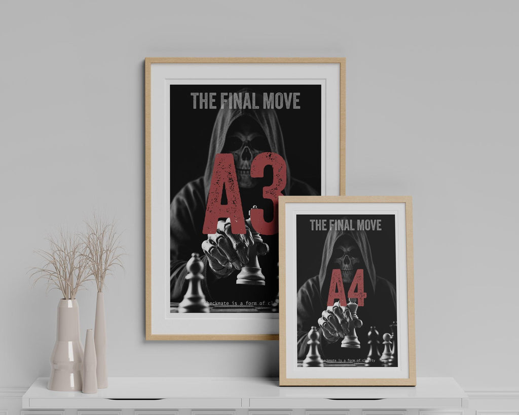 Two framed posters titled 'The Final Move A3' and 'The Final Move A4' on a shelf with decorative vases.