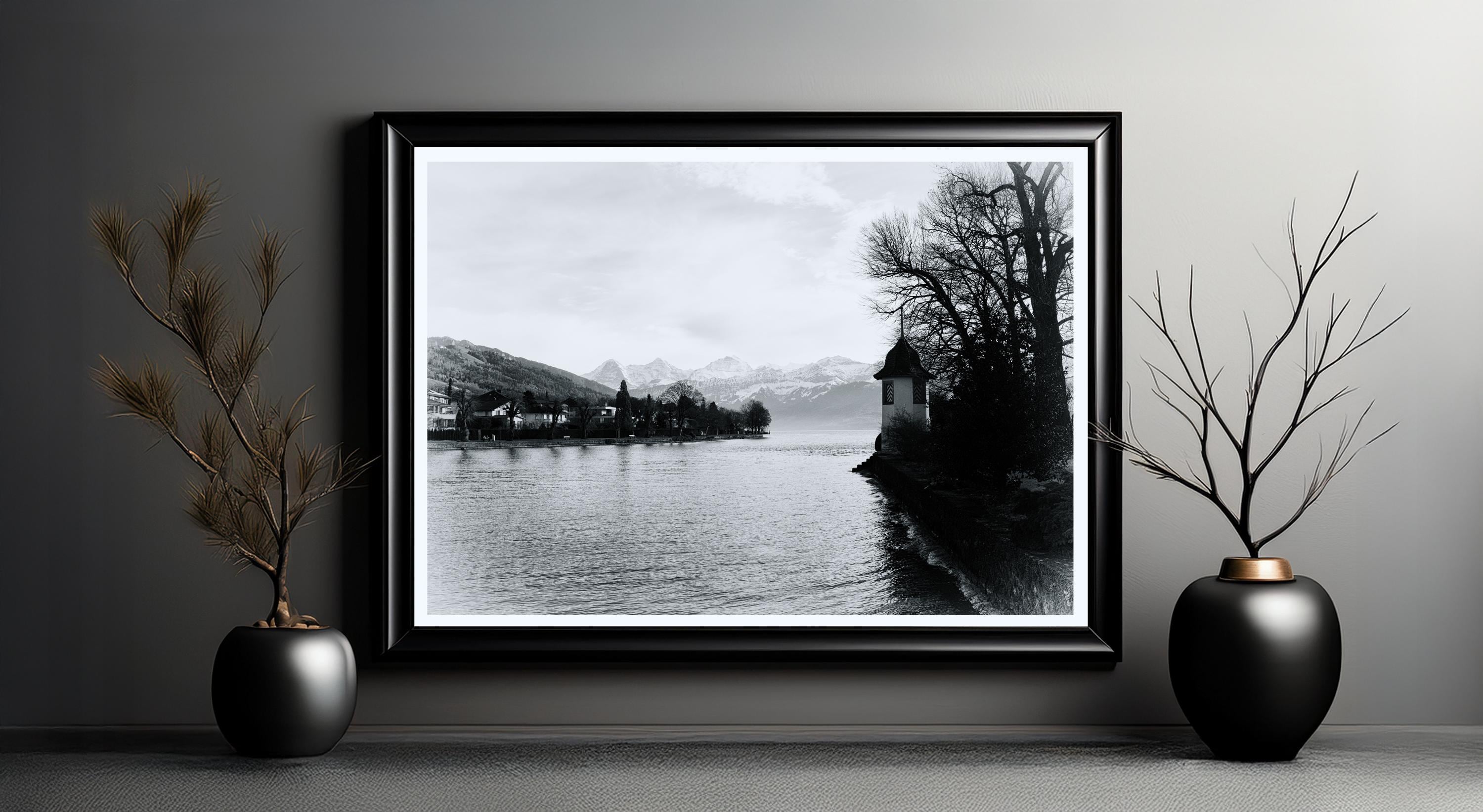 Mountain Photography | Lake Thun View of Eiger, Mönch and Jungfrau | Black & White Alpine Art Print