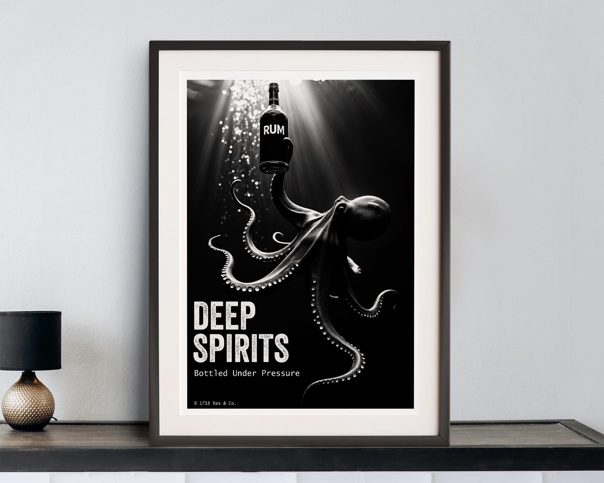 Framed poster with an octopus and rum bottle design on a shelf.