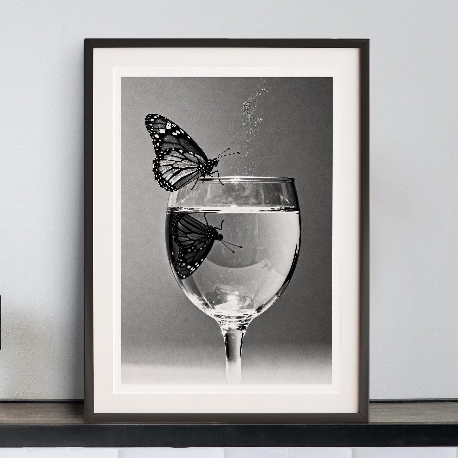 Butterfly Wine Glass Print | Minimalist Still Life Poster