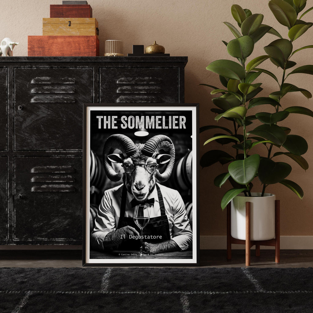 Framed poster of 'The Sommelier' with a goat's head design, placed on a shelf with decorative items and a plant.