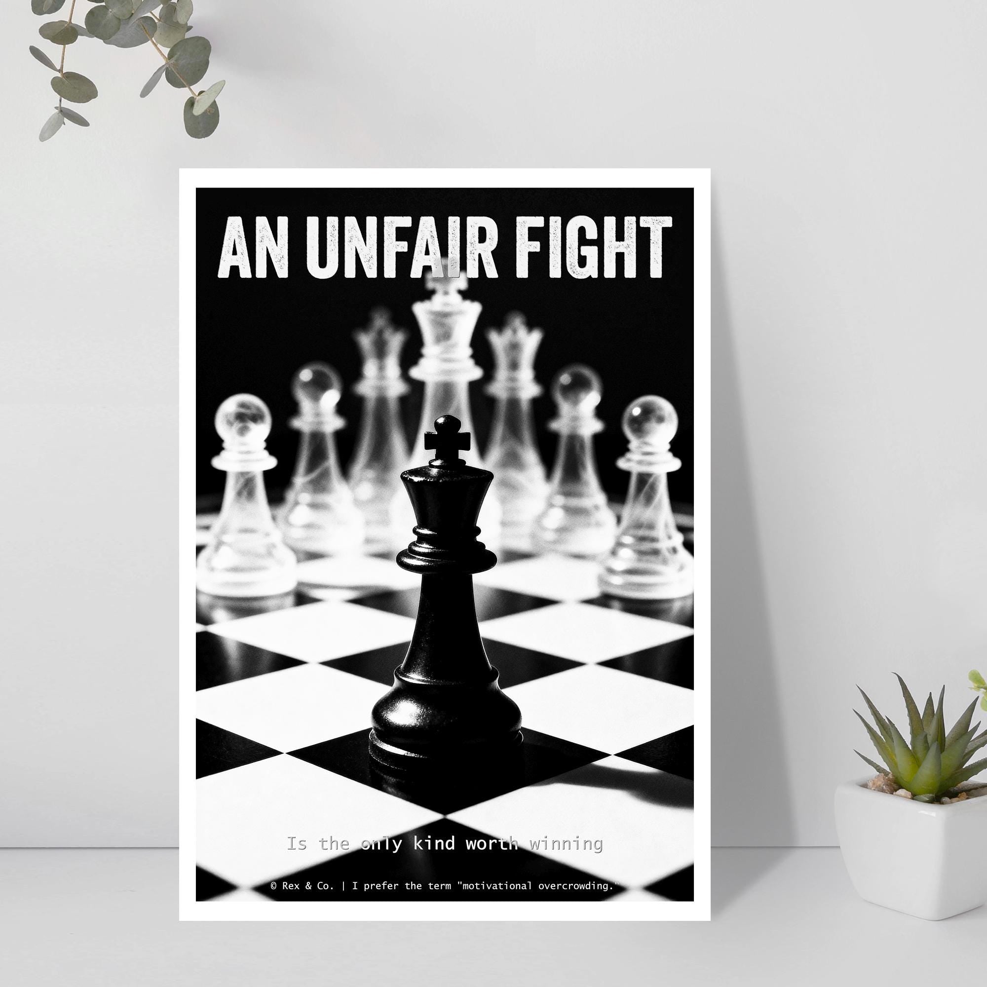 Poster with chess pieces on a checkered background and text 'An Unfair Fight'.