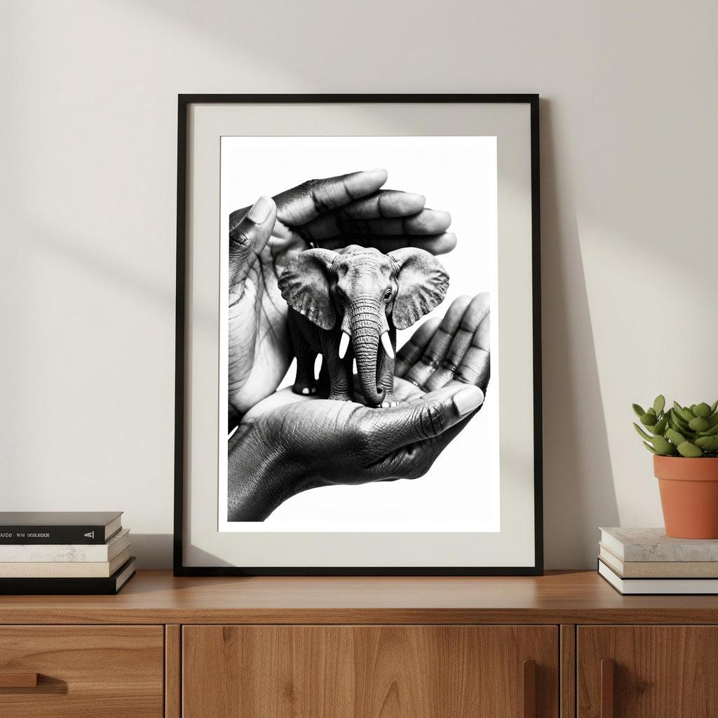 Framed artwork of hands holding a small elephant on a wooden surface with books and a plant.
