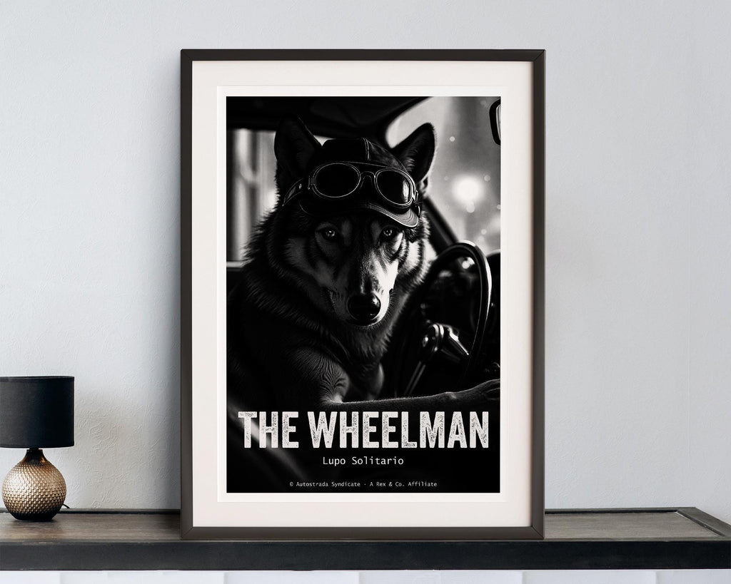 Framed poster of a wolf wearing goggles with 'The Wheelman' text on a wall.