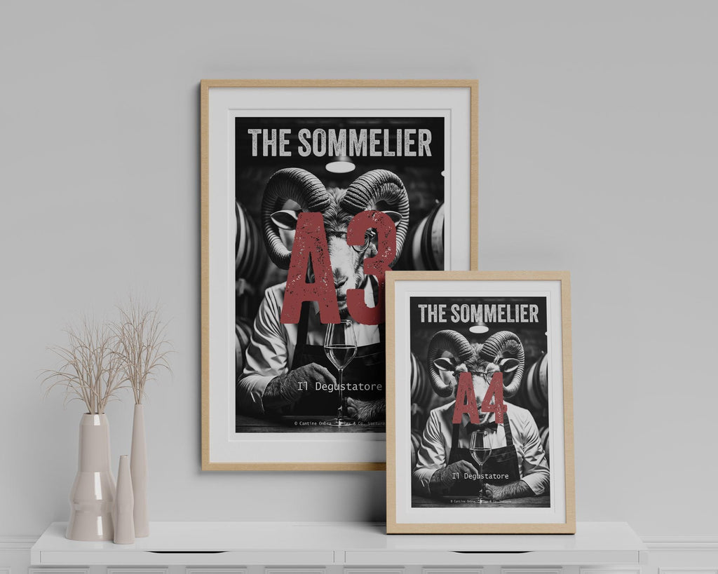 Two framed posters titled 'The Sommelier' on a white shelf with a light gray wall background.