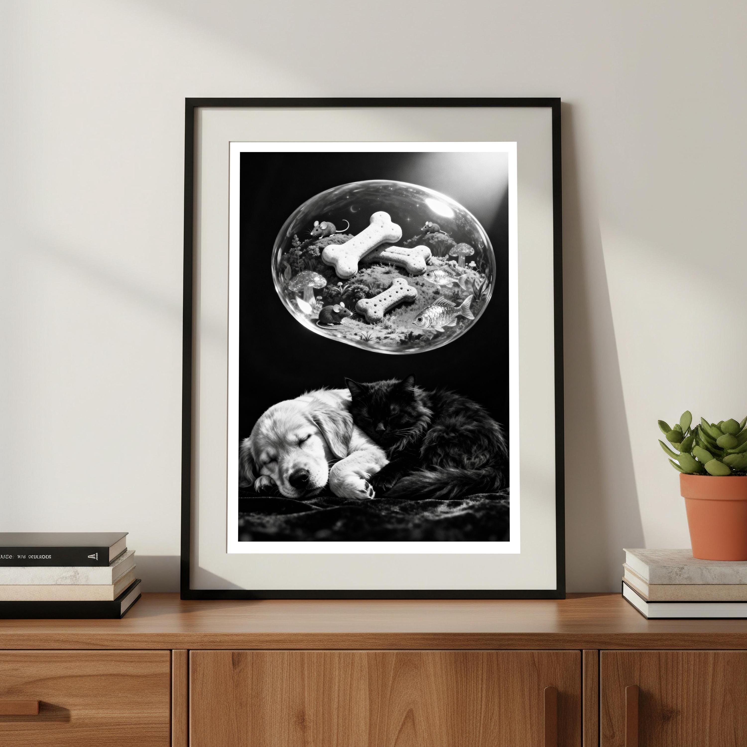 Sleeping Cat and Dog Art Print | Black and White Pet Lover Gift