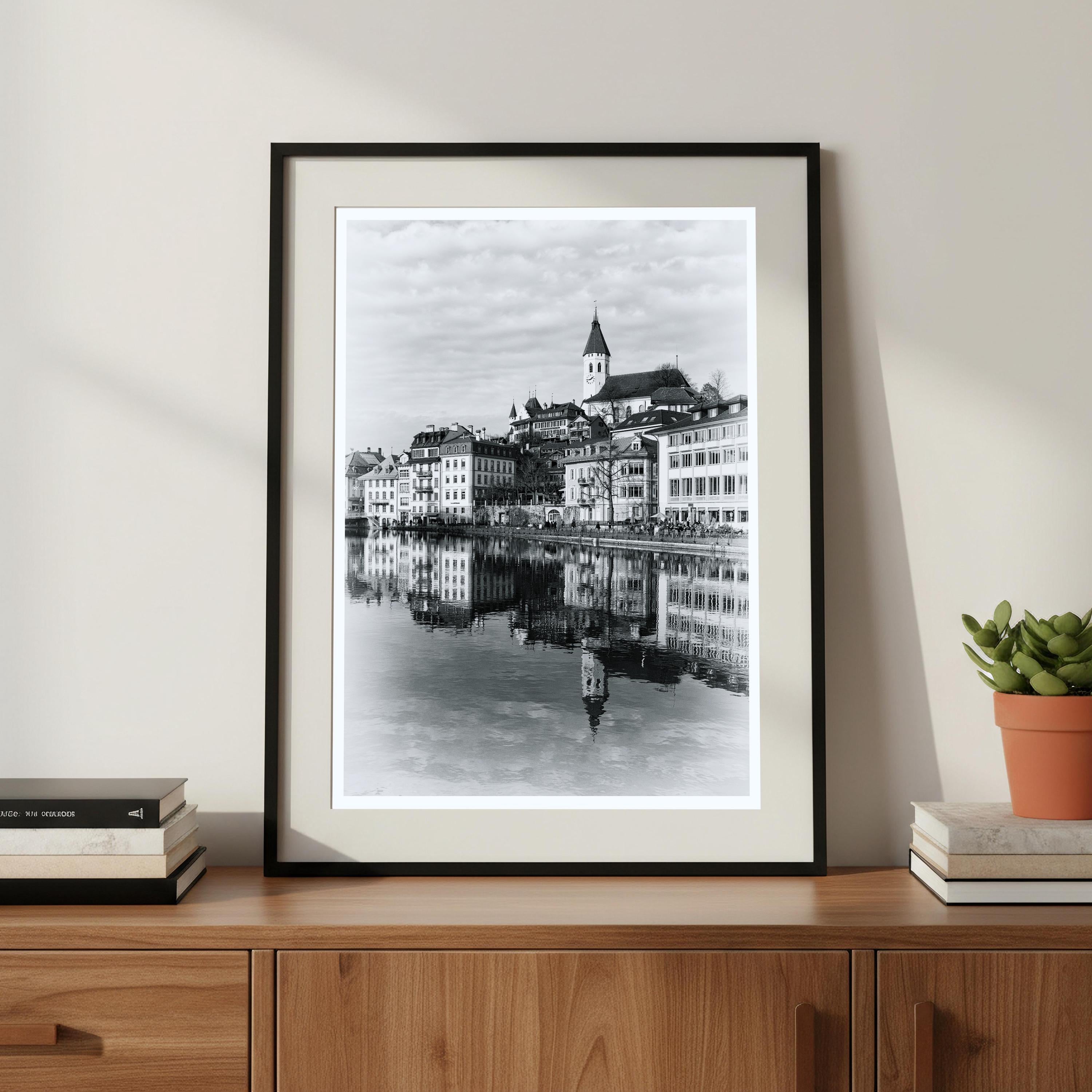 Thun Old Town Reflection | Church on the Aare | Swiss Lakes | Black & White Print