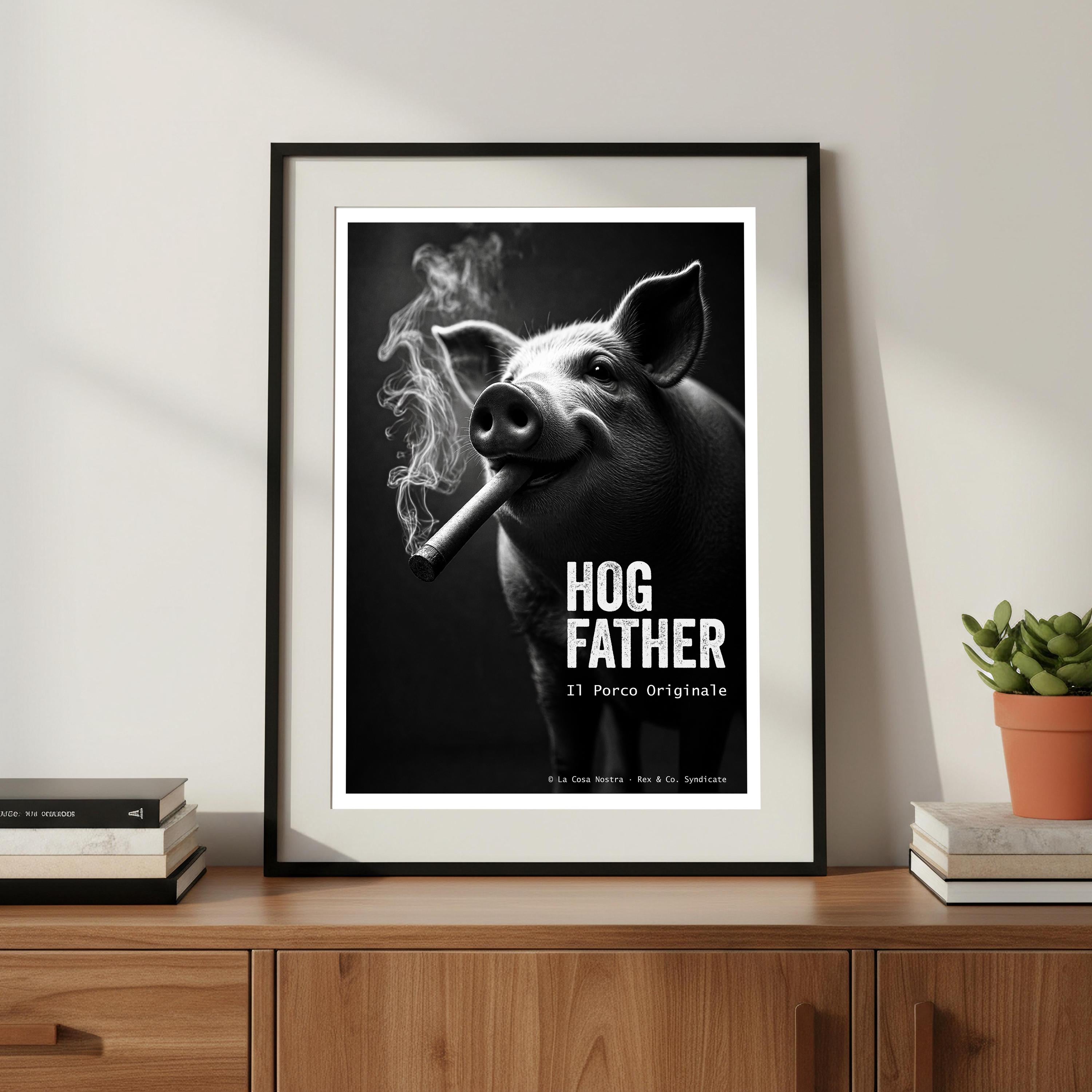 Framed poster of a pig smoking a cigar with 'Hog Father' text on a wooden shelf.