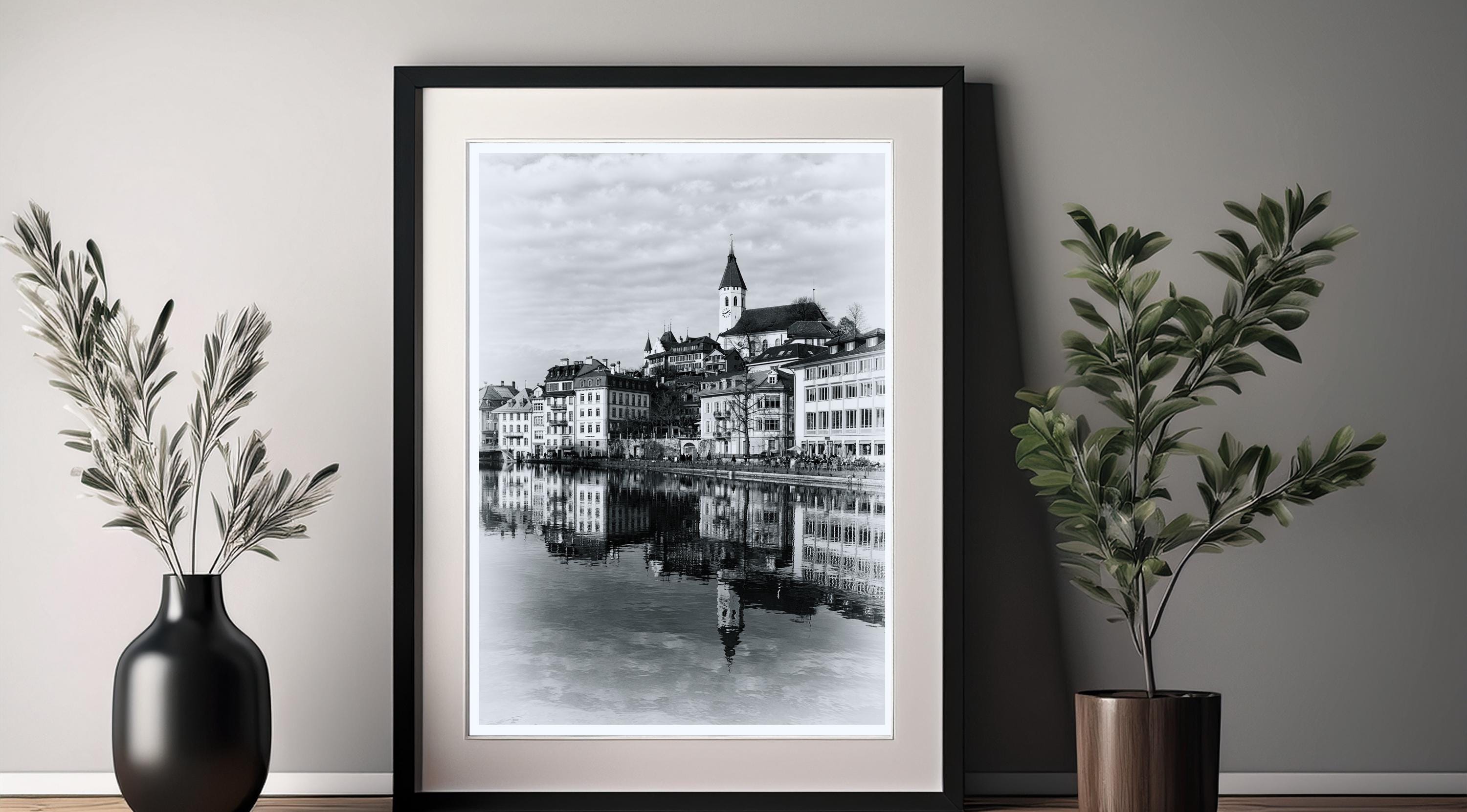 Thun Old Town Reflection | Church on the Aare | Swiss Lakes | Black & White Print