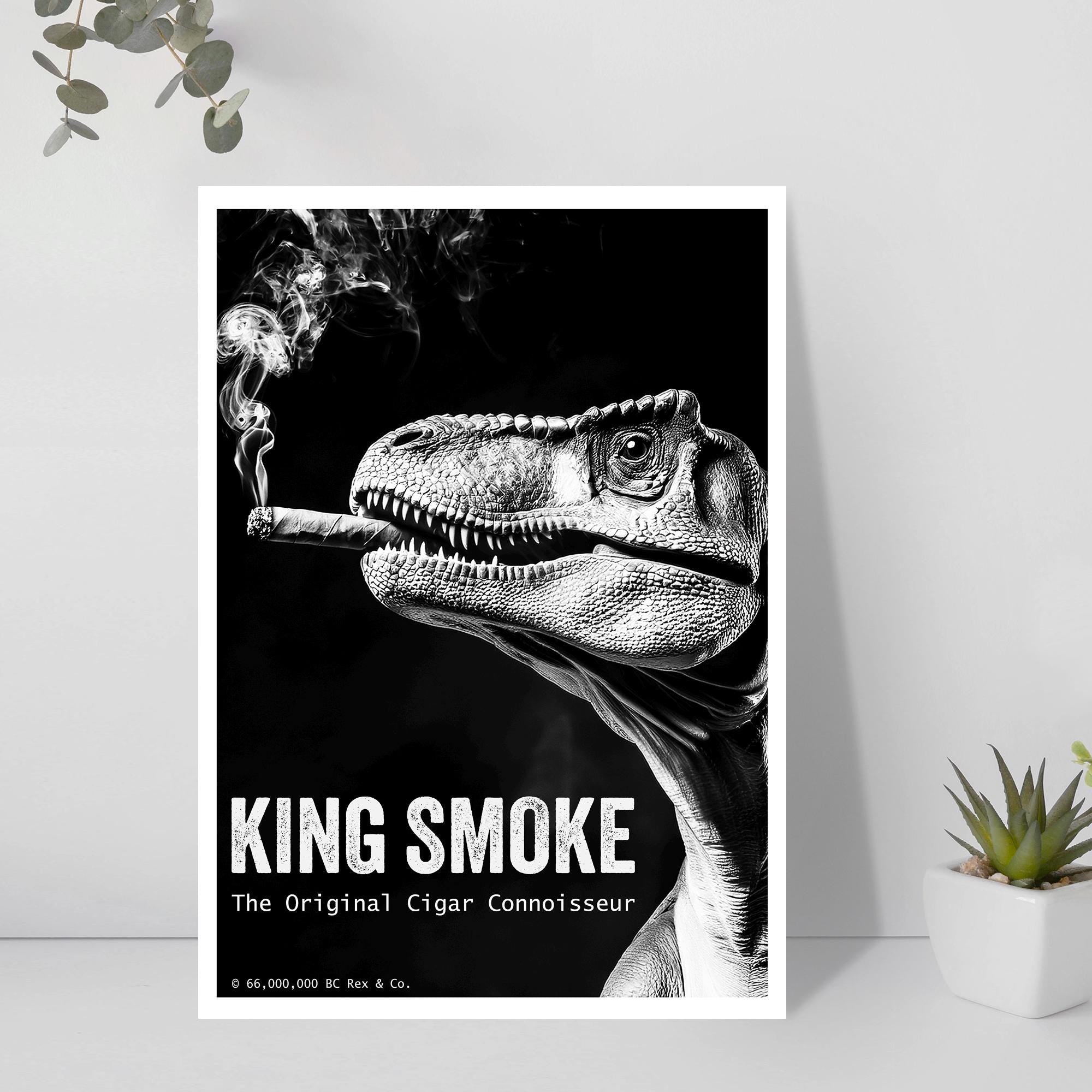 Poster of a dinosaur smoking a cigar with 'King Smoke' text, framed on a wall.