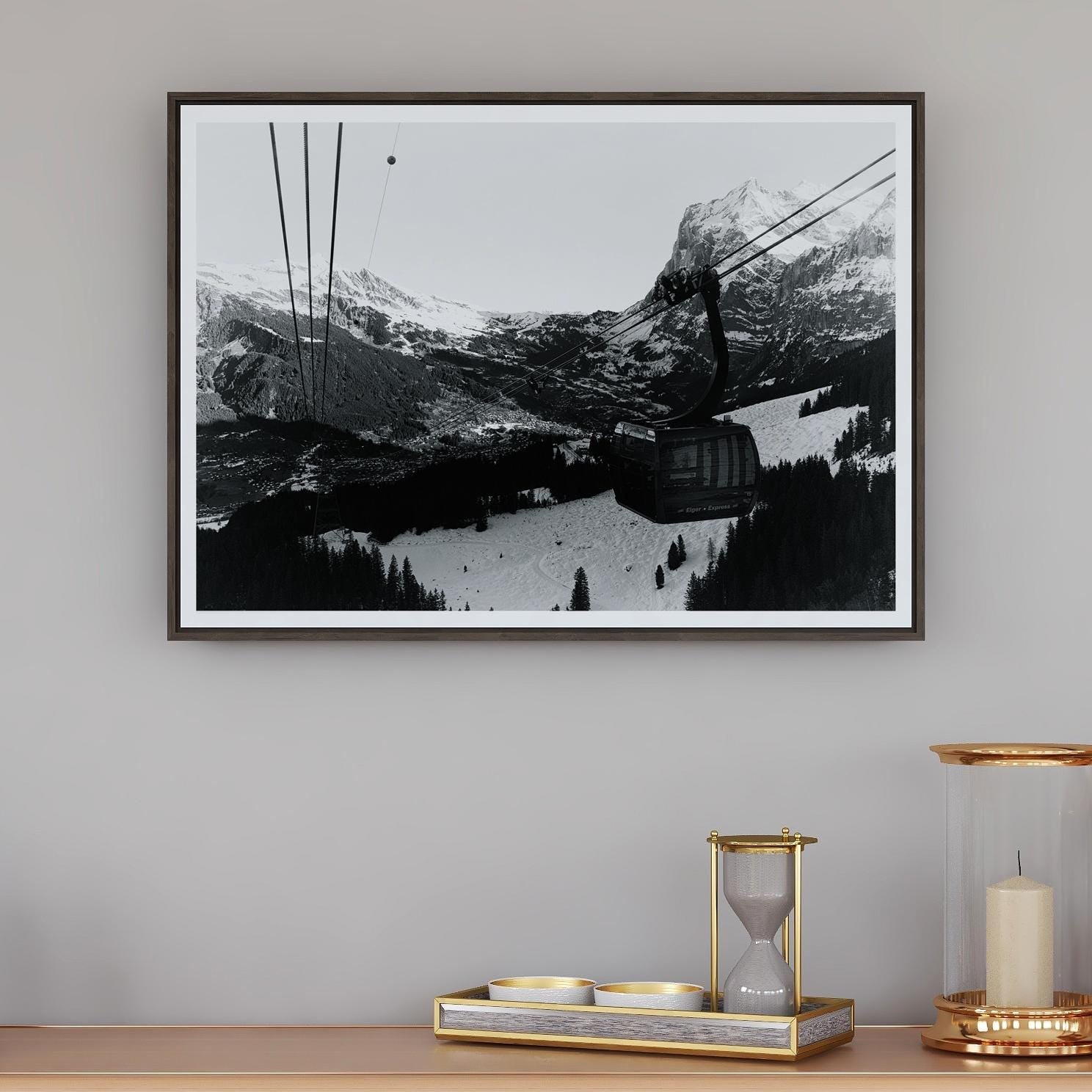 Gondola Cable Car Print | Grindelwald Wall Art | The Eiger | Black & White Alpine Photography Print