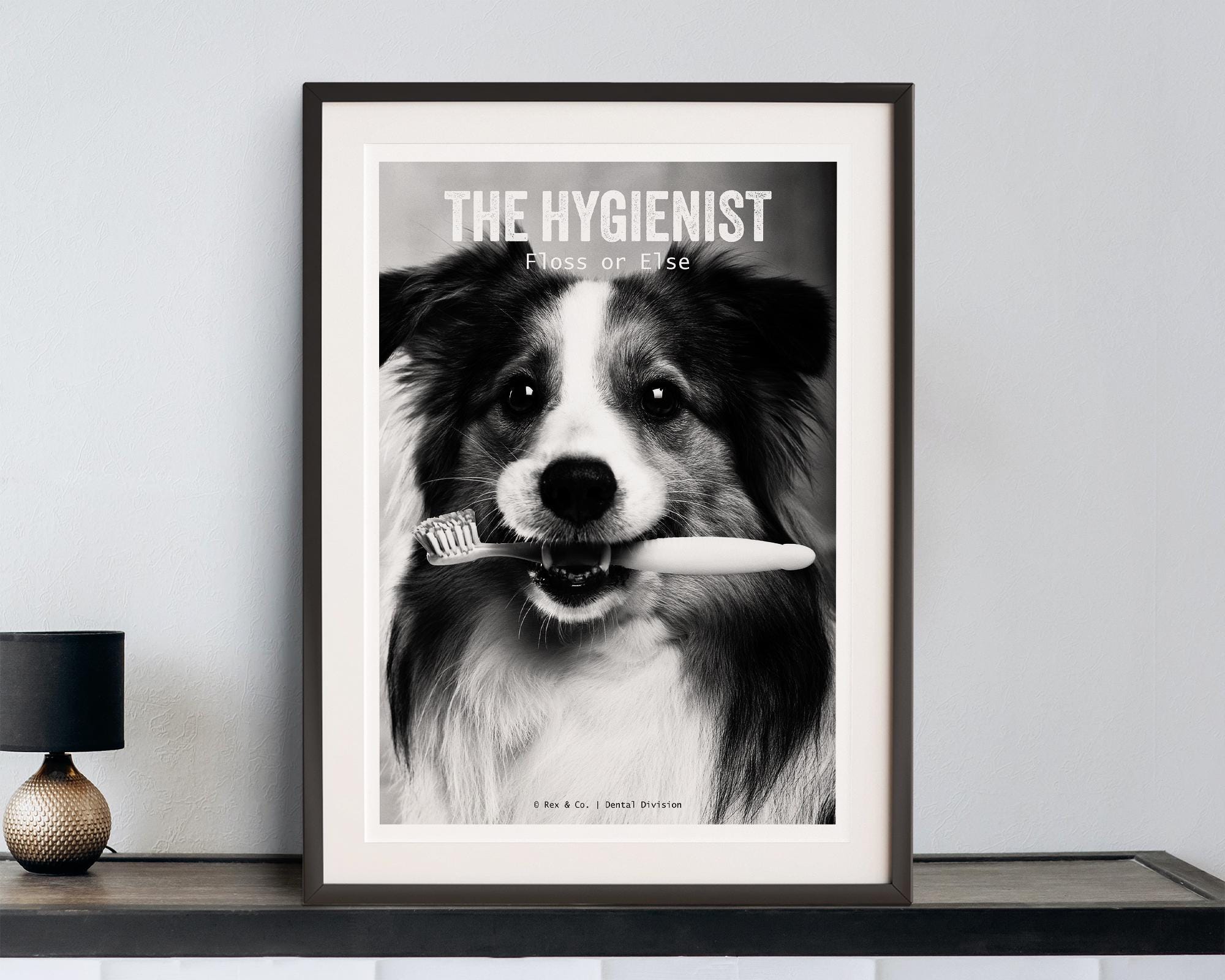 Funny Dog 'The Hygienist' Print | Noir Animal Art, Dentist Gift