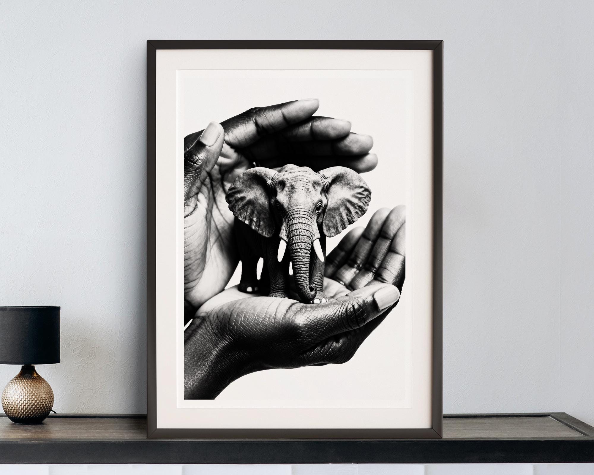Hands Holding Elephant Art | Symbolic Gentle Power Print | Minimalist Meaningful Decor | Gift of Care