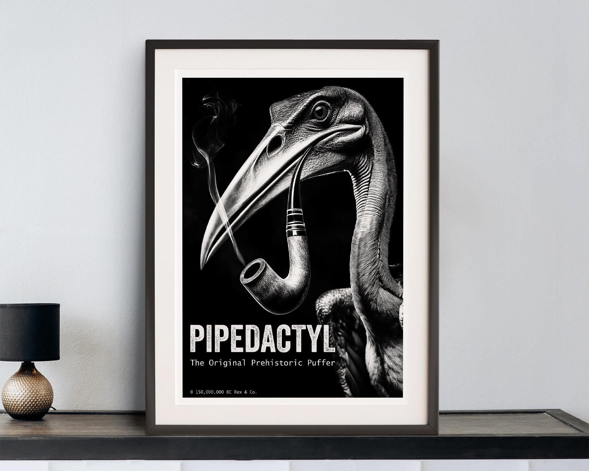 Framed artwork of a dinosaur smoking a pipe with 'Pipedactyl' text on a white wall.