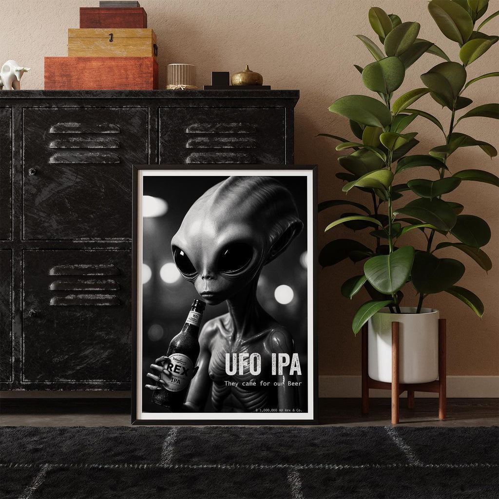 Framed poster of an alien holding a beer with 'UFO IPA' text, placed on a shelf with decorative items and a plant.