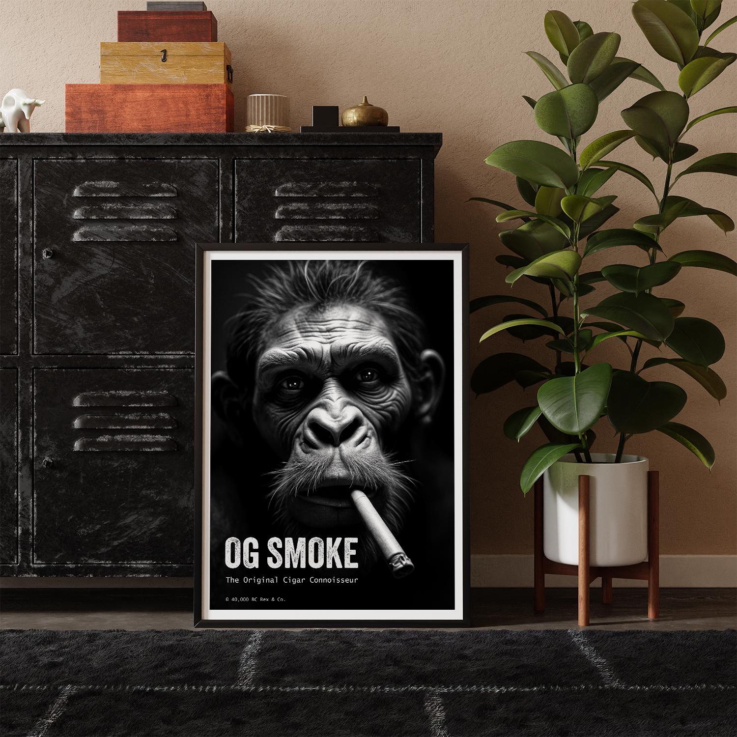 Framed poster of a cave man smoking a cigar with 'OG Smoke' text, placed on a shelf with decorative items and a plant.
