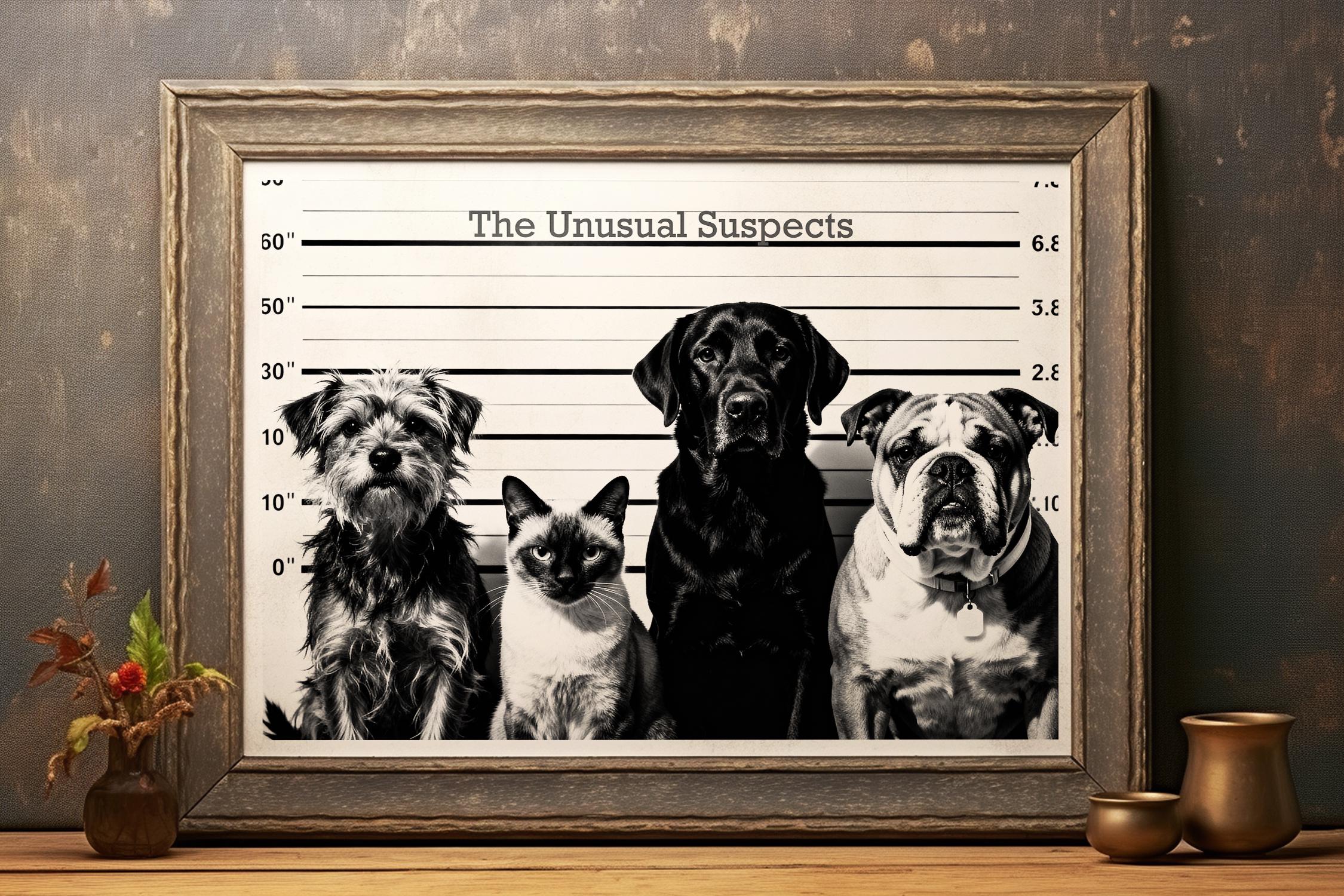 Unusual Suspects Dog & Cat Lineup Art | Funny Black and White Poster