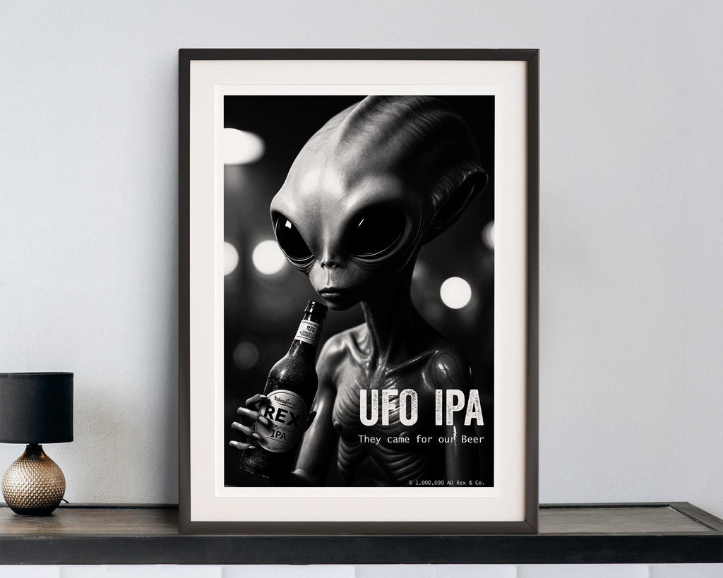 Framed poster of an alien holding a beer bottle with 'UFO IPA' text on a shelf.