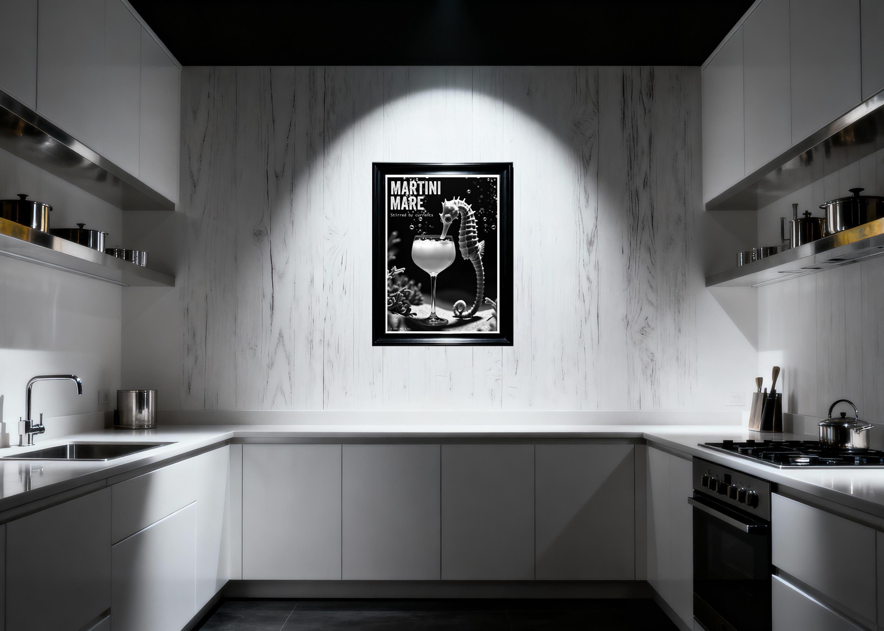 Framed poster on a kitchen wall with a marble backsplash