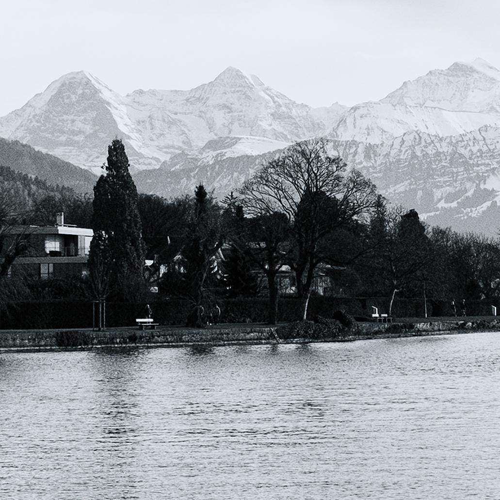 Mountain Photography | Lake Thun View of Eiger, Mönch and Jungfrau | Black & White Alpine Art Print