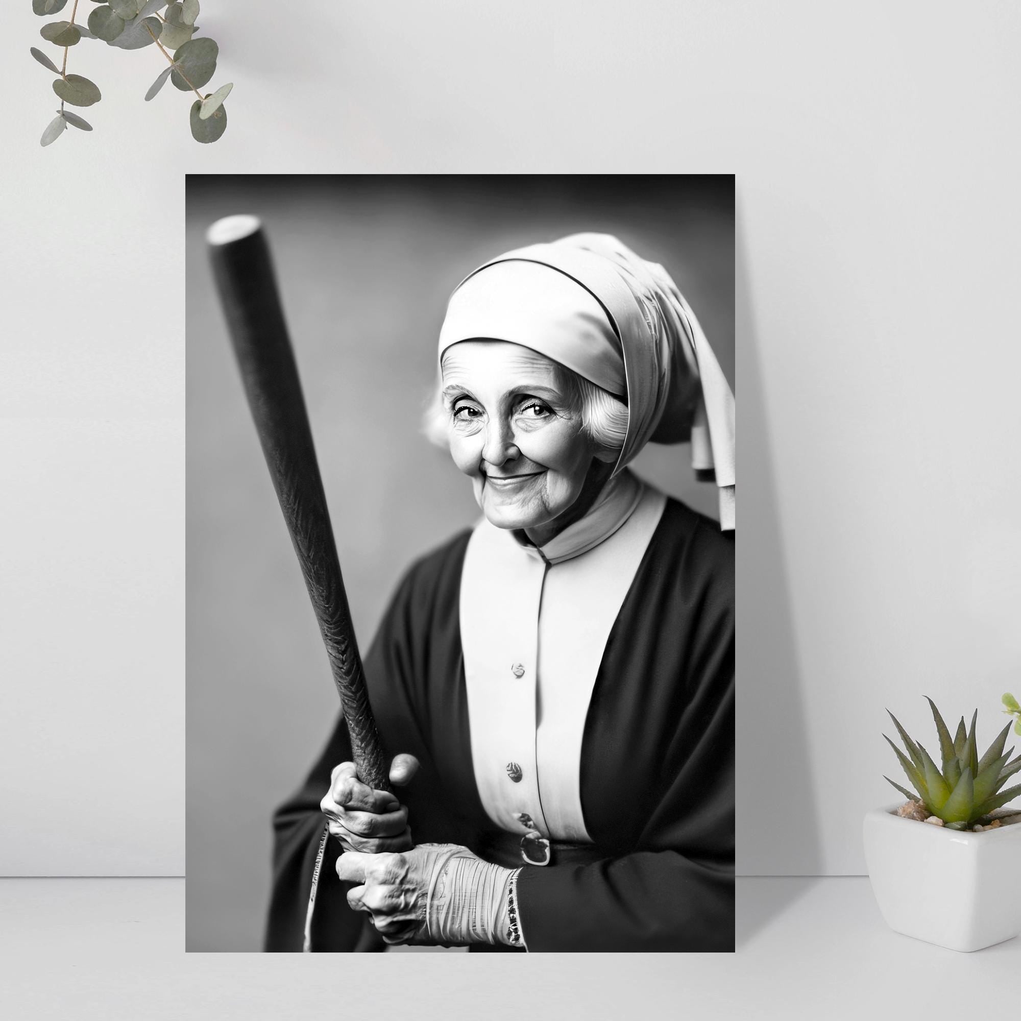 Nun holding a baseball bat is a black and white art portrait