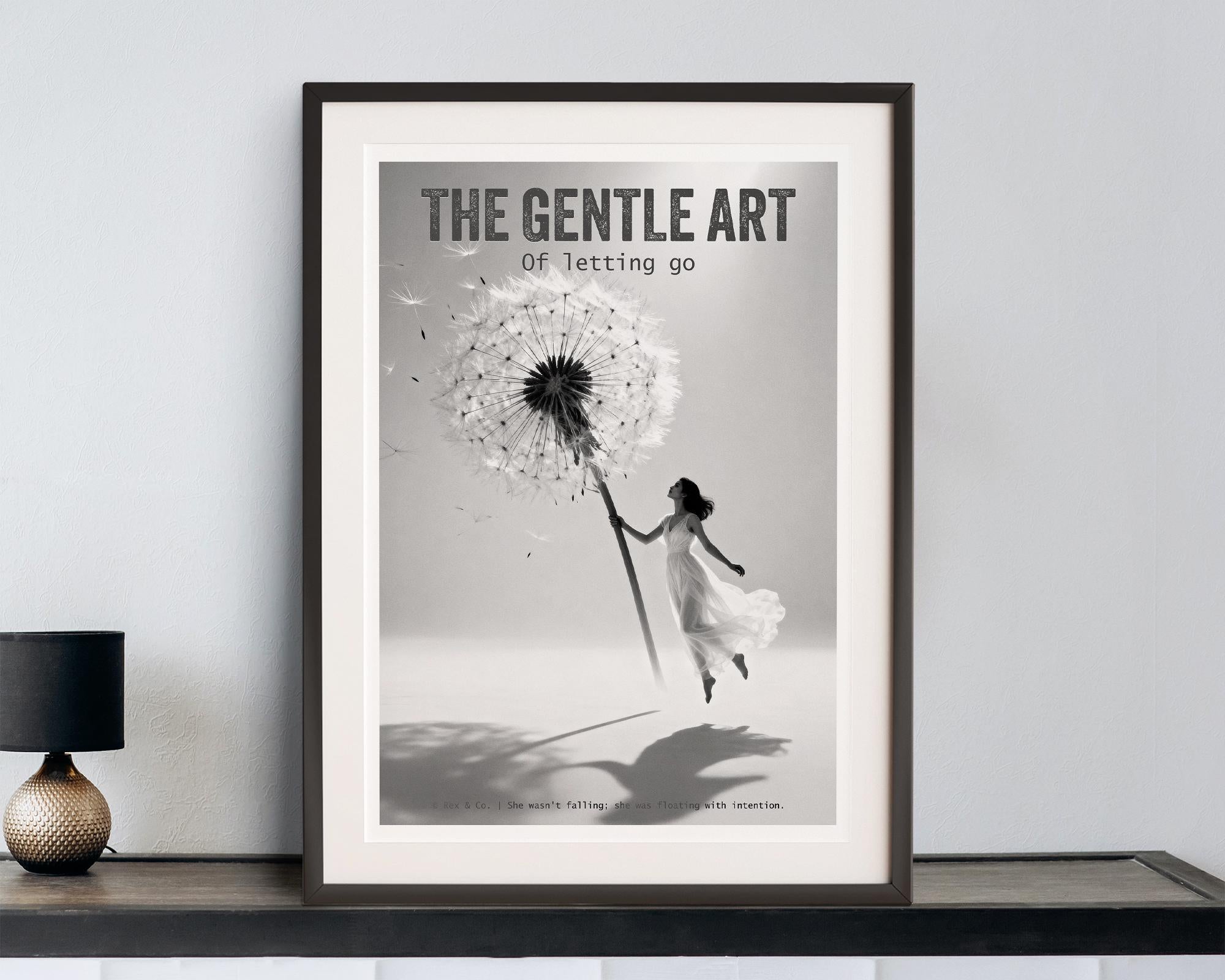 Framed poster with a black and white illustration of a woman holding a dandelion against a light gray background.