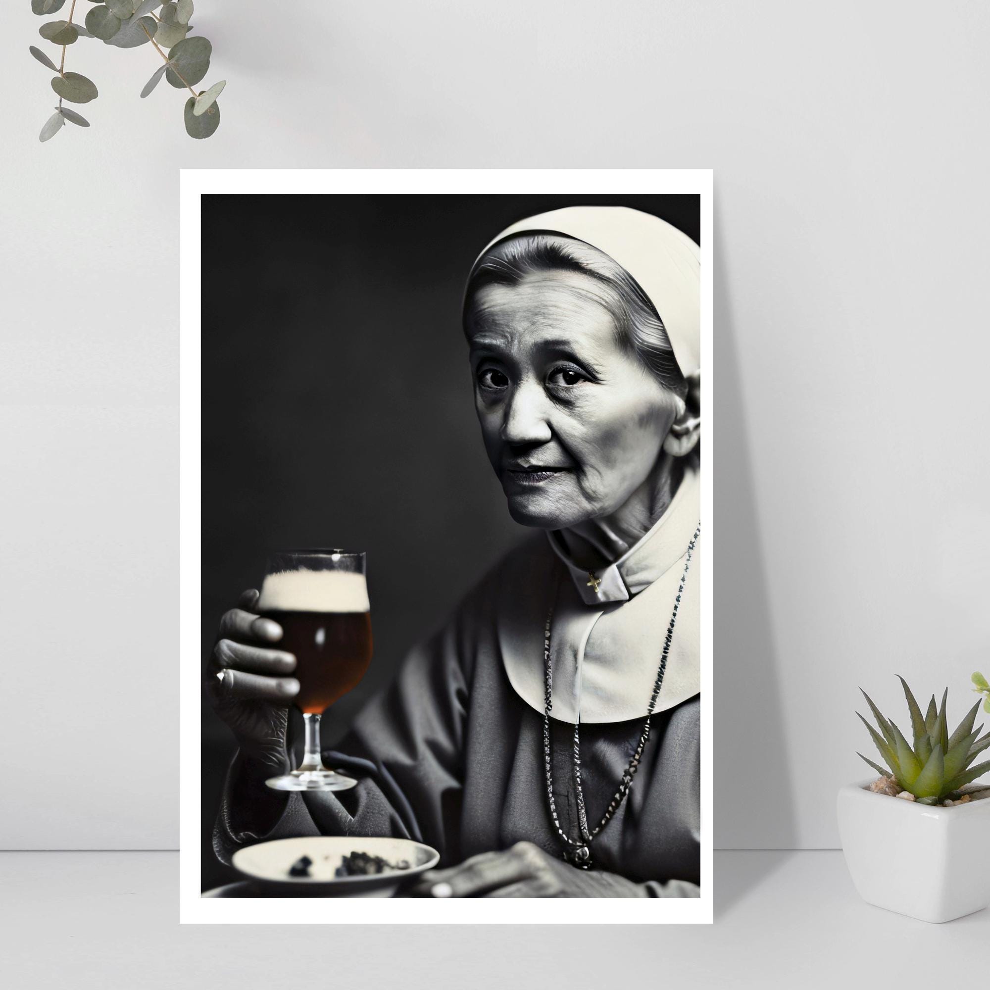 Funny Nun Poster | Drinking Beer Art | Quirky Bar Wall Decor