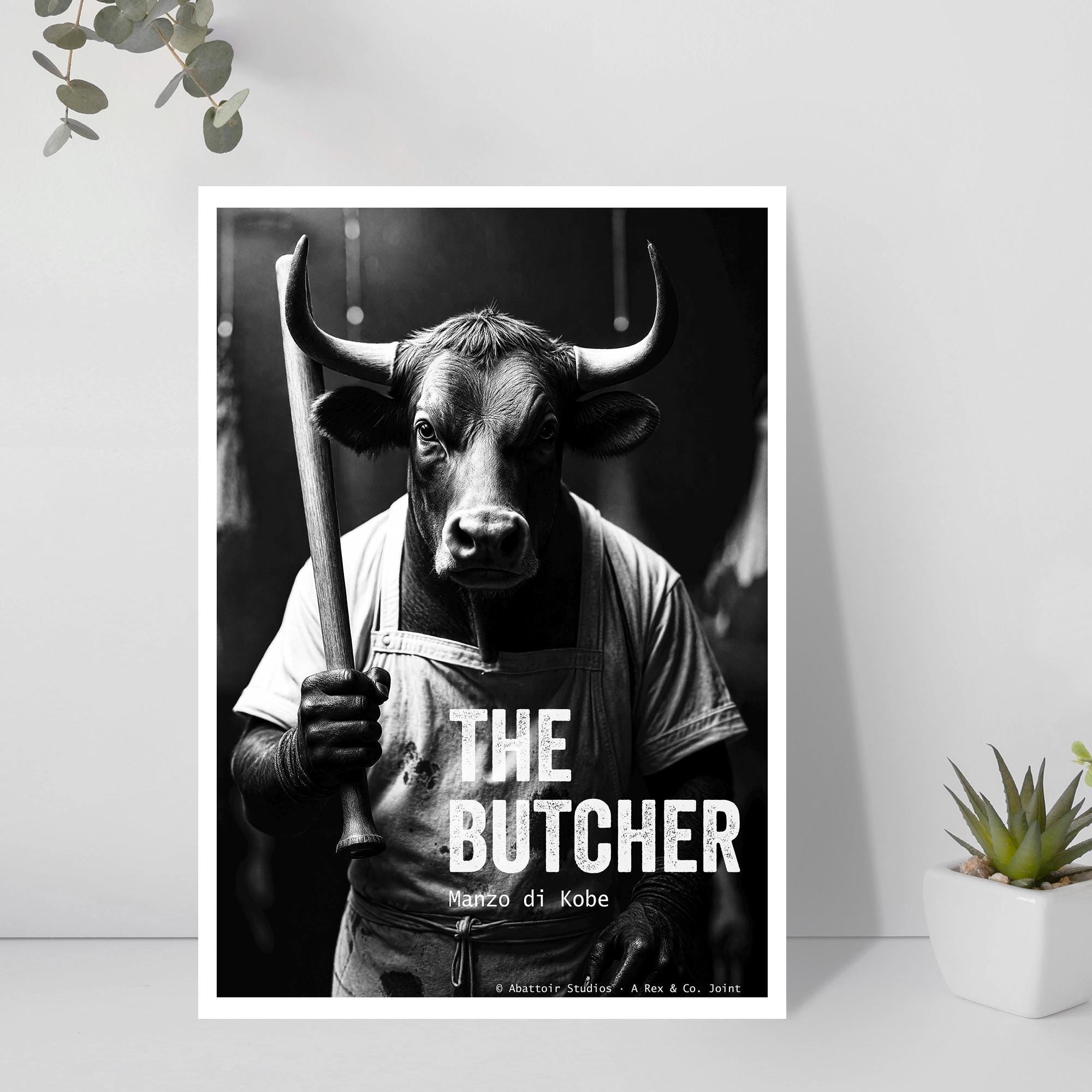 Bull with Baseball Bat Art | The Butcher Print | Noir Animal Poster | Man Cave Wall Decor