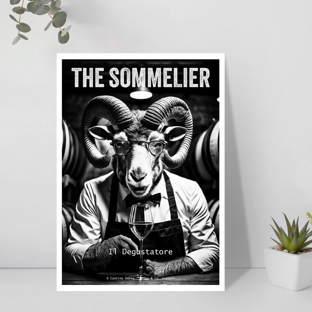 Poster of a ram wearing glasses and an apron with 'The Sommelier' text on a white wall.