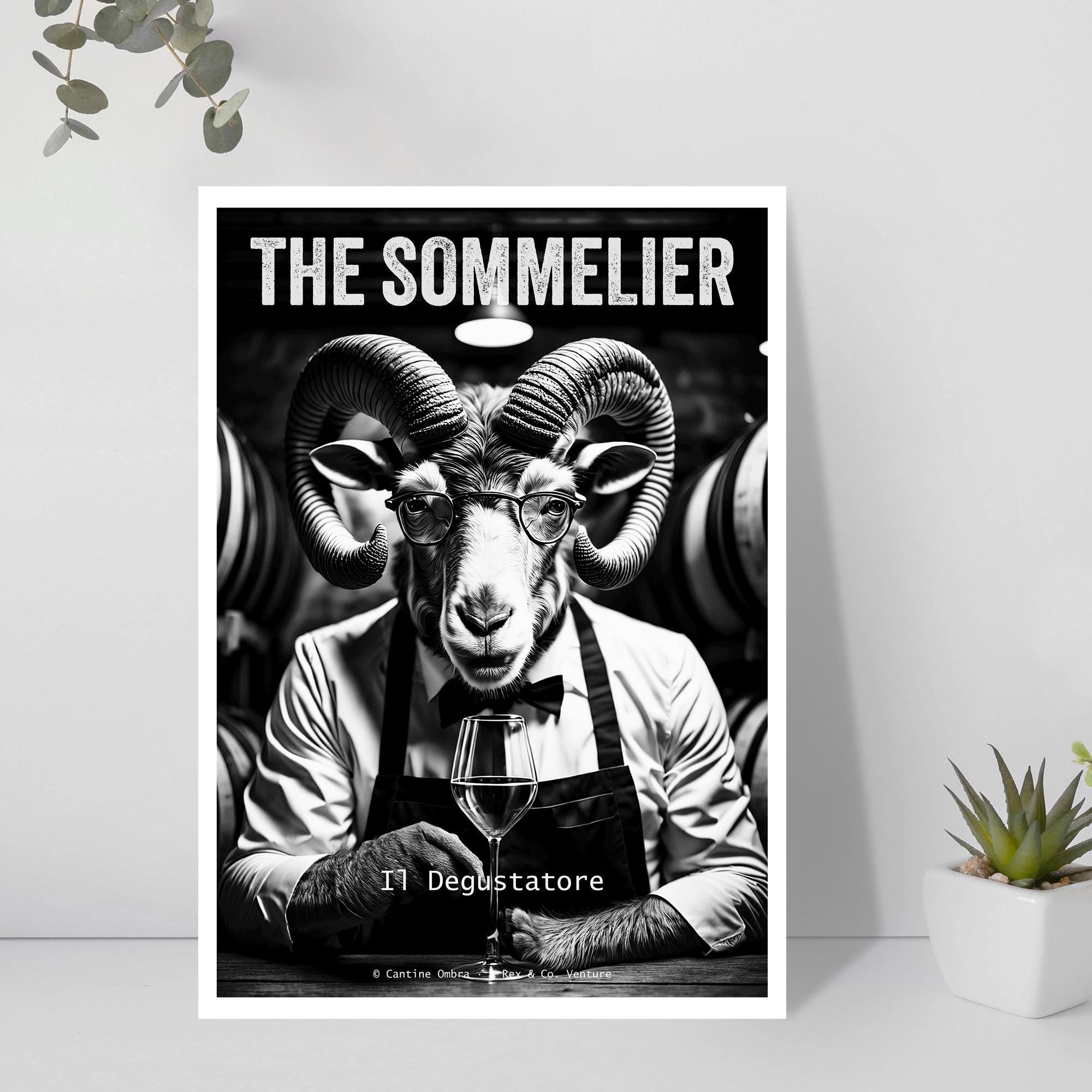 Ram Sommelier Art Print | Wine Tasting Poster | Powerful Animal Decor | Noir Bar Wall Art