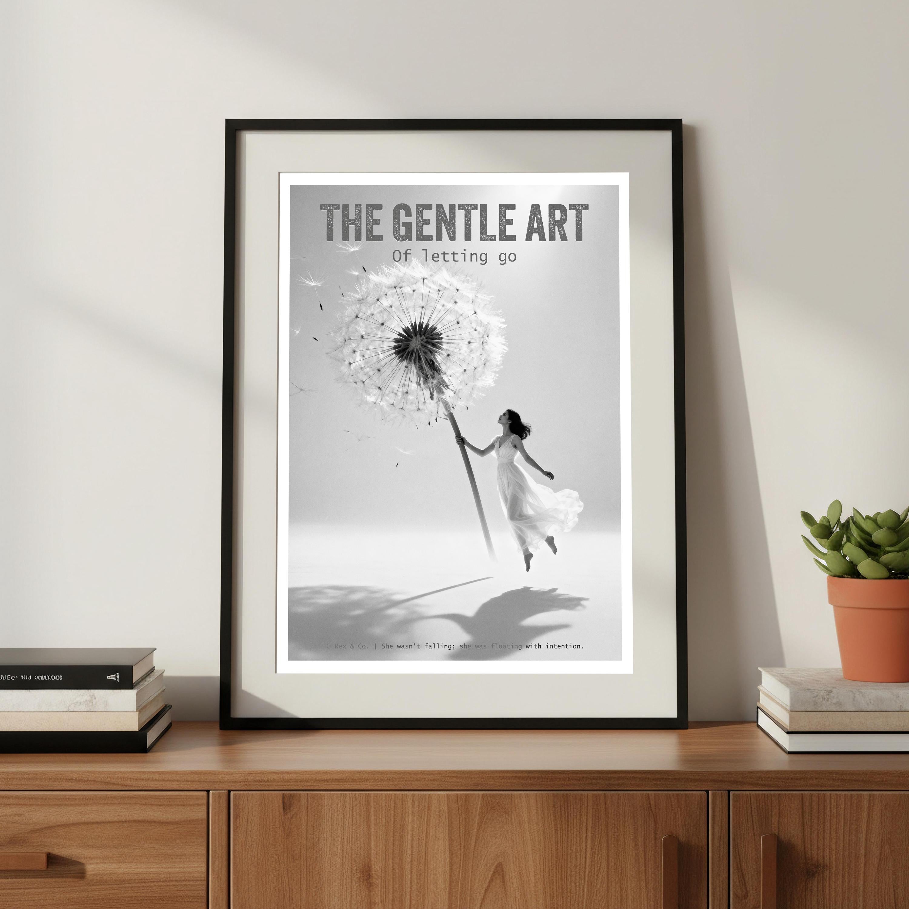 Framed poster with a woman holding a dandelion on a wooden shelf with books and a plant.