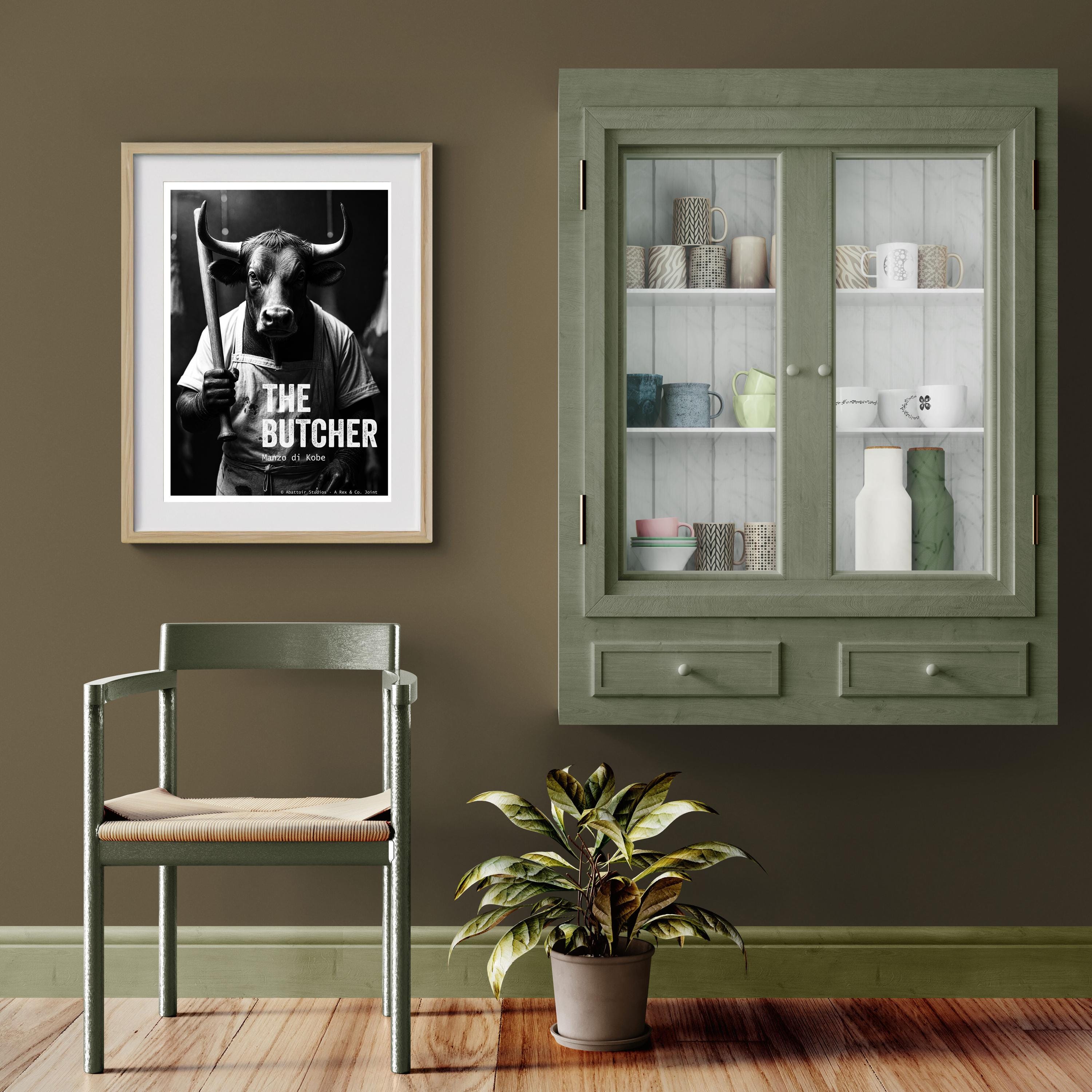 Bull with Baseball Bat Art | The Butcher Print | Noir Animal Poster | Man Cave Wall Decor