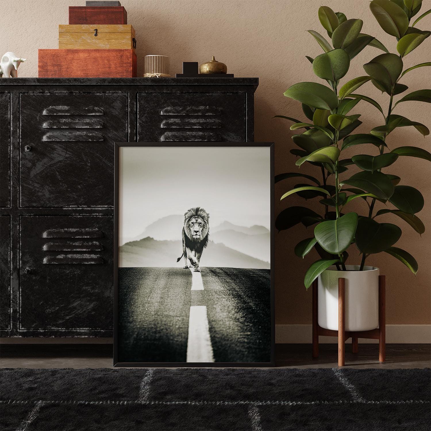 Lion on Open Road Art Print | Noir Style Animal Poster