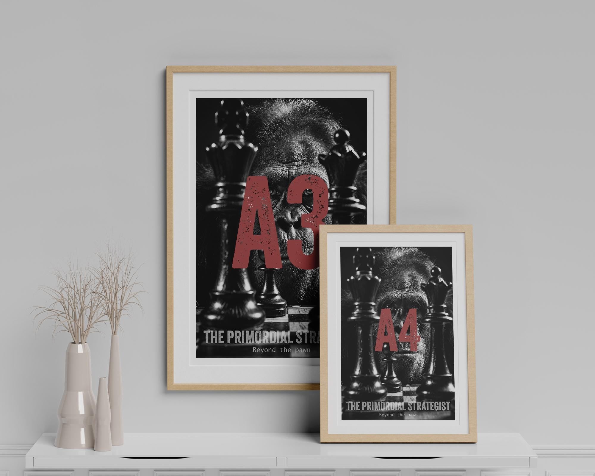 Primal Strategist Art Print | Primate Chess Poster | Intense Focus Wall Art | Home Office Decor